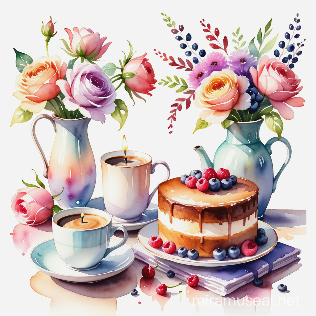 торт, свеча, чашка кофе, ваза с цветами, интерьер, белый фон, акварель