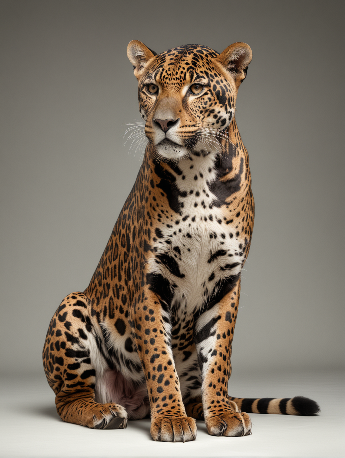 full body studio photo of jaguar sitting, angled view.