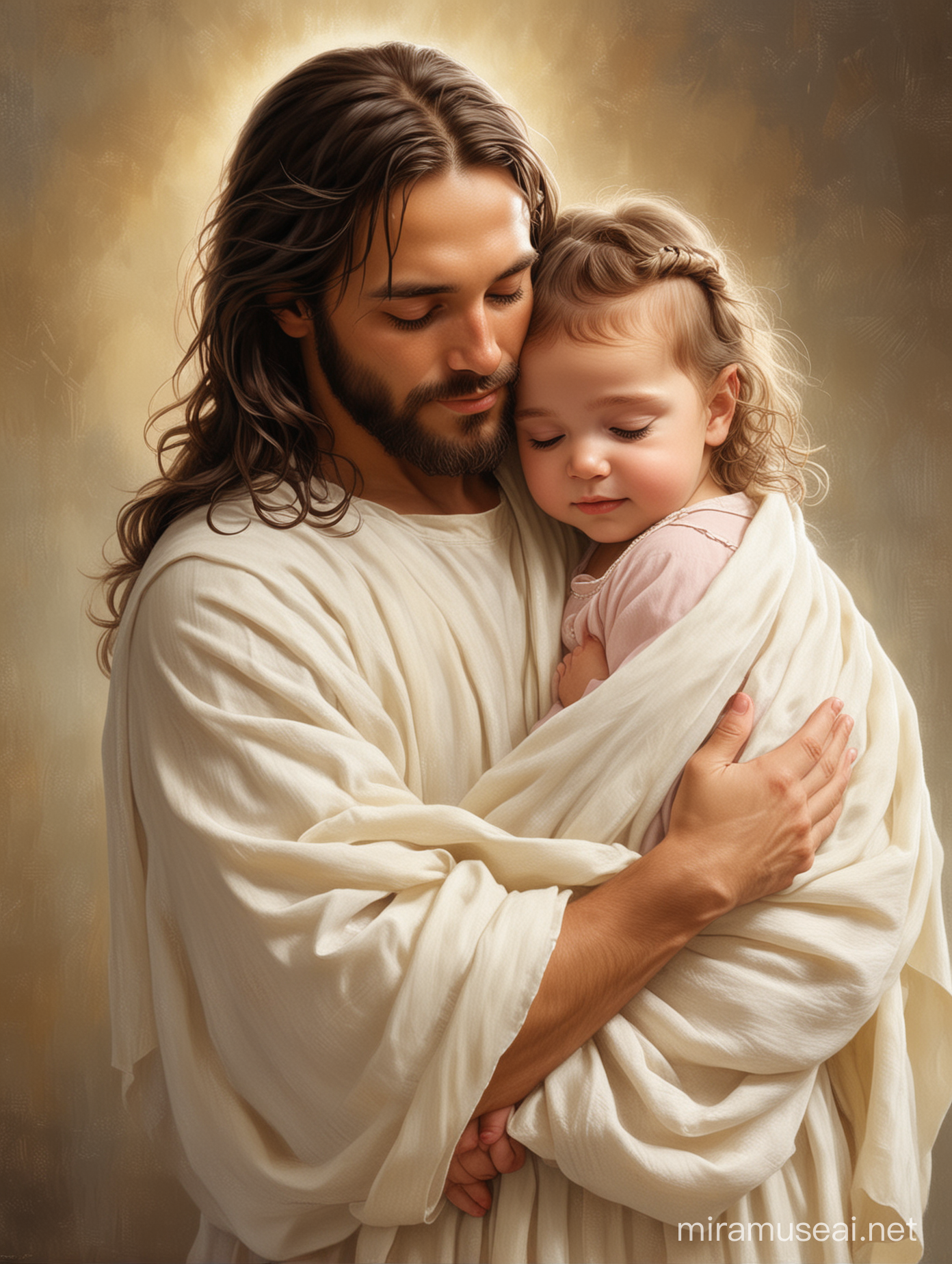 Divine Embrace Jesus Tenderly Holds a Baby Girl