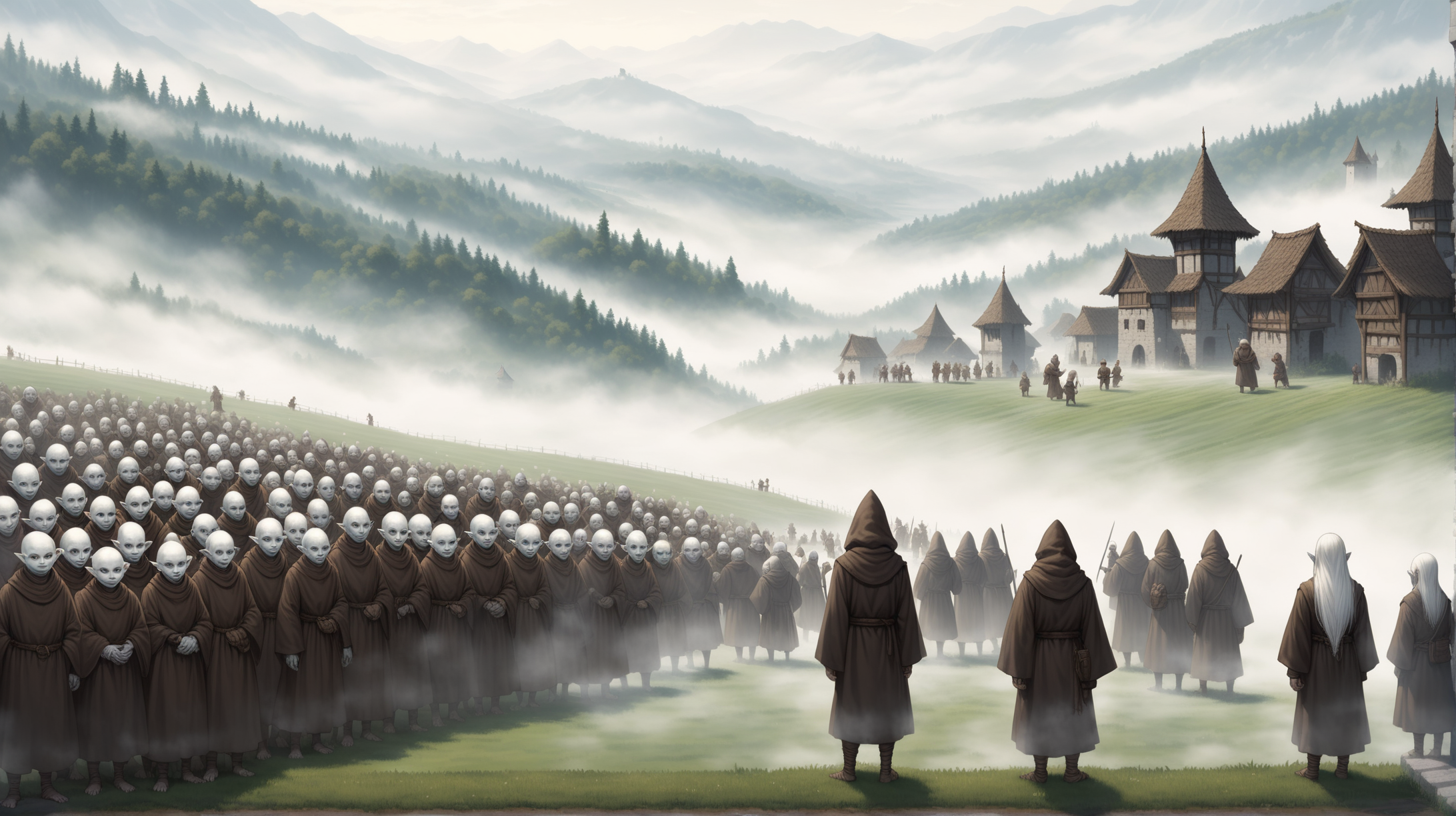 tribe of tiny short white goblins with full chalk white skin, thieves and monks, short boys and short girls with long hair, countryside white fog, Medieval fantasy