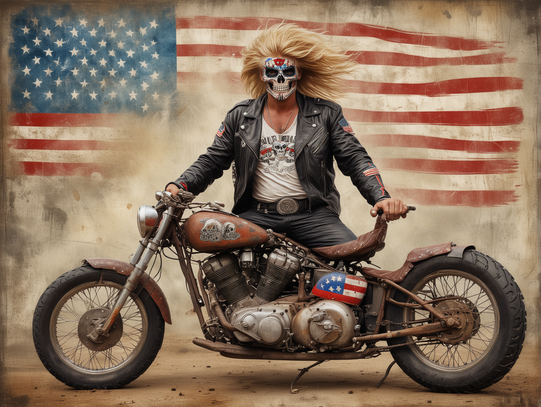 Vintage Motorcycle with Worn Background and Mexican Skulls Art, the rider is Donald Trump with patriotic smile and wind blown hair