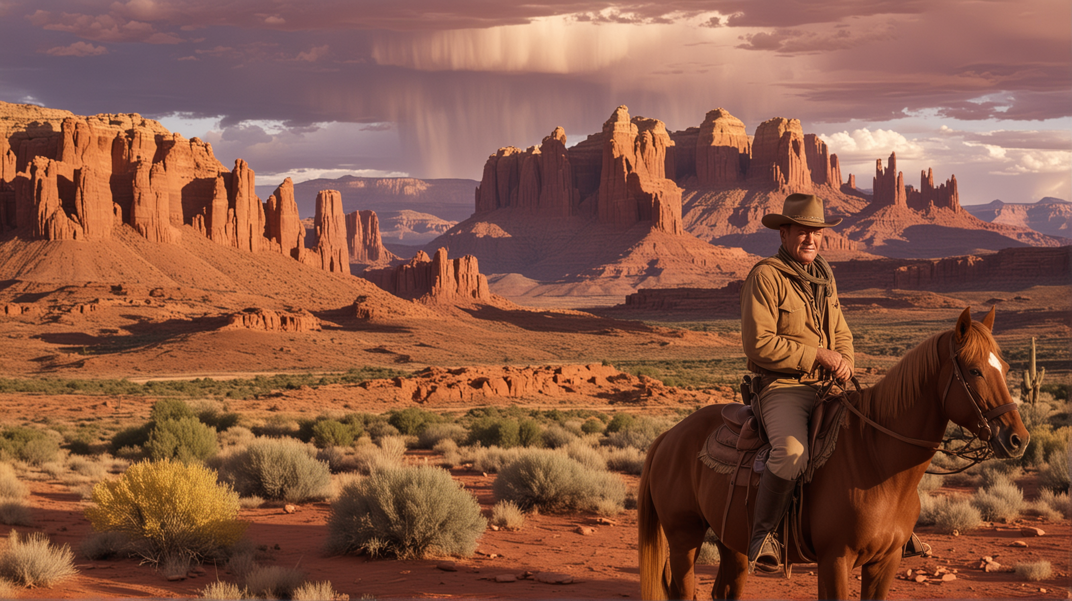 The actor John Wayne is sitting on a horse facing the viewer, Professor Valley near Moab UT, the La Sal Mountains in the distance, red rock mesas and spires of Fisher Towers, movie crew around him., warm evening light, dramatic sky.