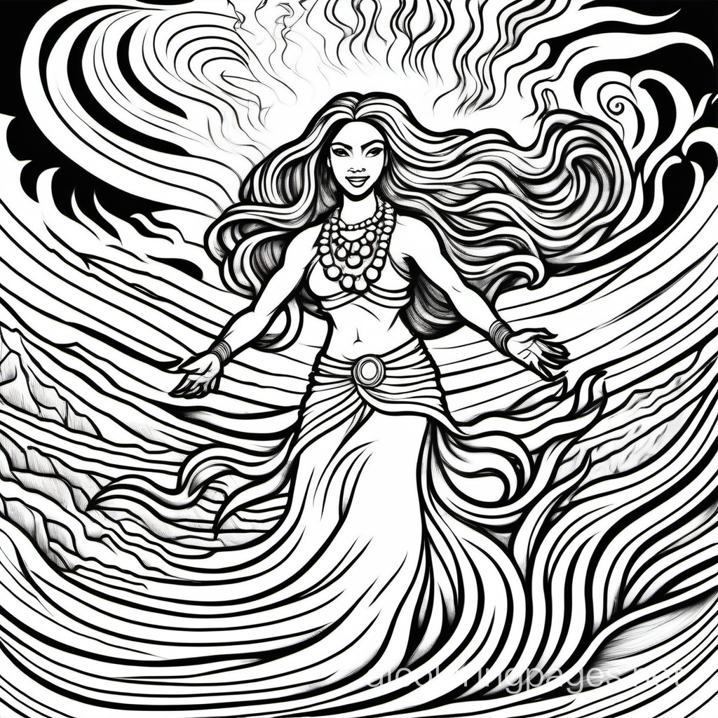 Vibrant coloring page: A Hawaiian goddess Pele, with flowing hair made of fire, dancing on a volcano., Coloring Page, black and white, line art, white background, Simplicity, Ample White Space. The background of the coloring page is plain white to make it easy for young children to color within the lines. The outlines of all the subjects are easy to distinguish, making it simple for kids to color without too much difficulty