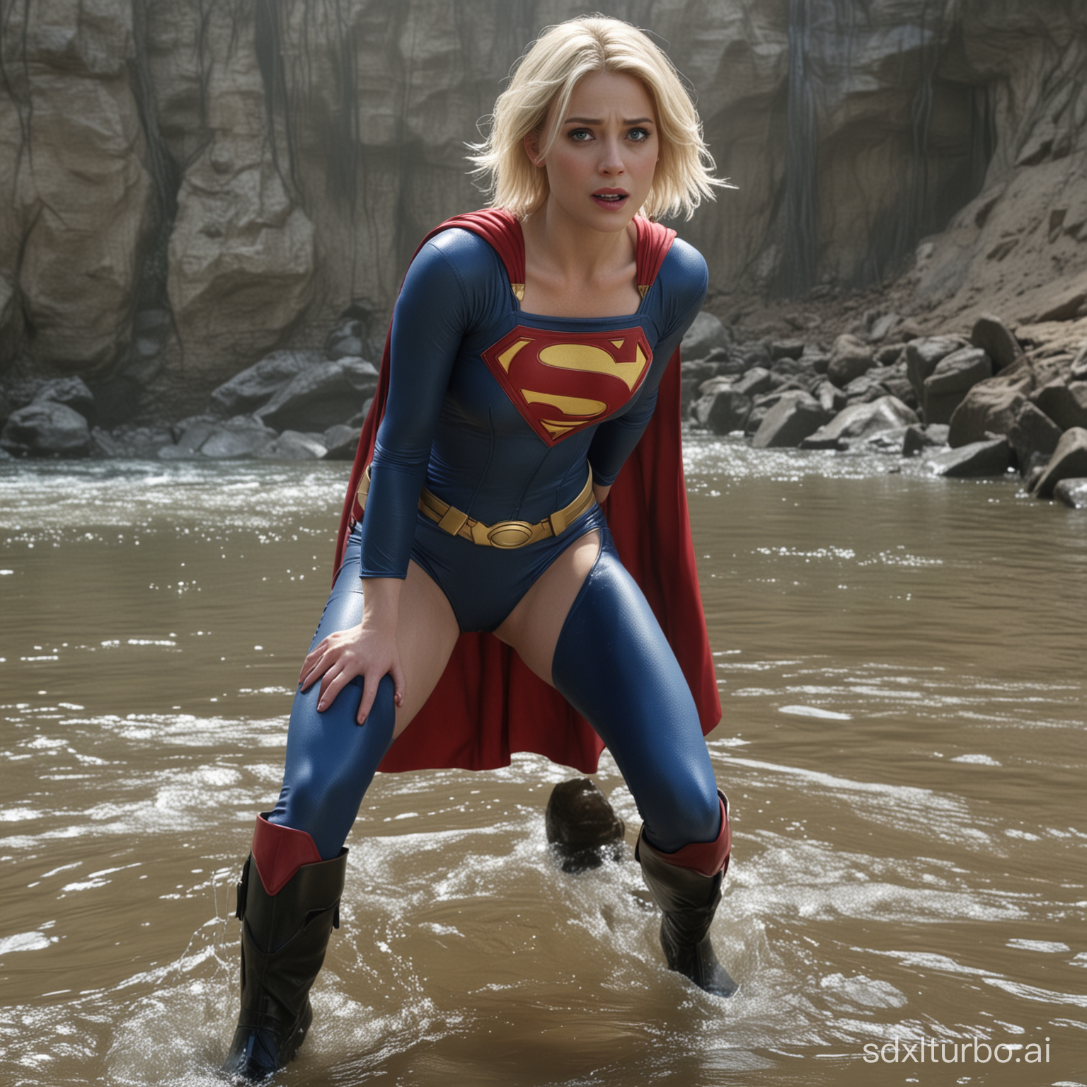 Supergirl dressed as Superman, perfect face, androgynous, perfect teeth, very short blond hair, lean, wide eyed, very confused, gasping, in shock, trapped and drowning, legs and boots stiletto, 4k resolution, realistic, too weak to stand, 