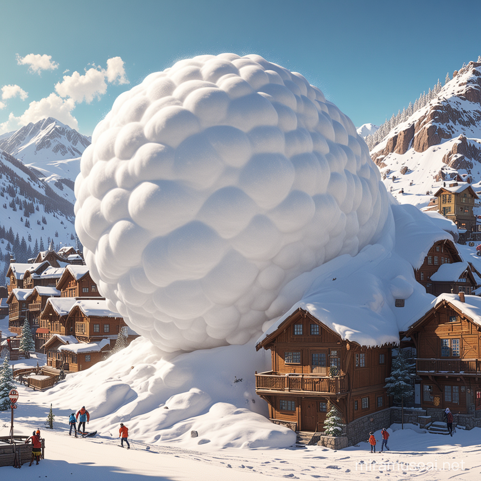 A cartoon scene of a giant snowball rolling from the top of a snow covered mountain into a Ski village resort below