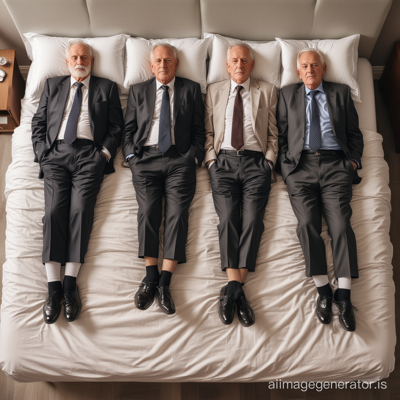 Four elderly senior businessmen, wearing different suits, socks and dress shoes, dead peacefully on four beds, full body shot