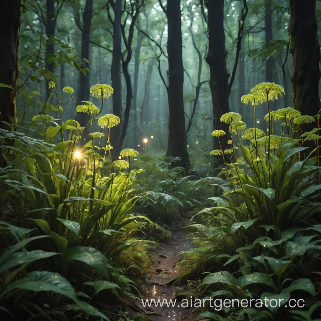 Загадочный, таинственный лес с необычными растениями, сверкающими светлечками