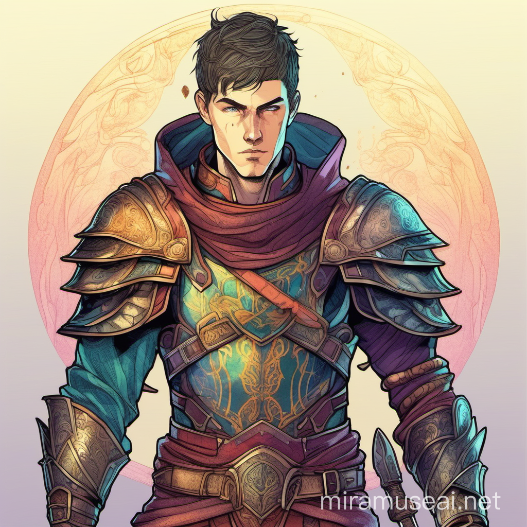 hombre de 30 años con traje de guerrero de fantasía, sin armadura, pelo corto, estilo dibujo a color de novela