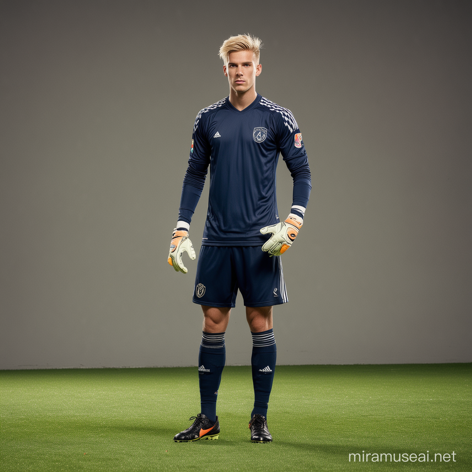 soccer goalkeeper wearing a navy blue soccer kit, blonde hair and wearing black soccer boots, standing on his own 