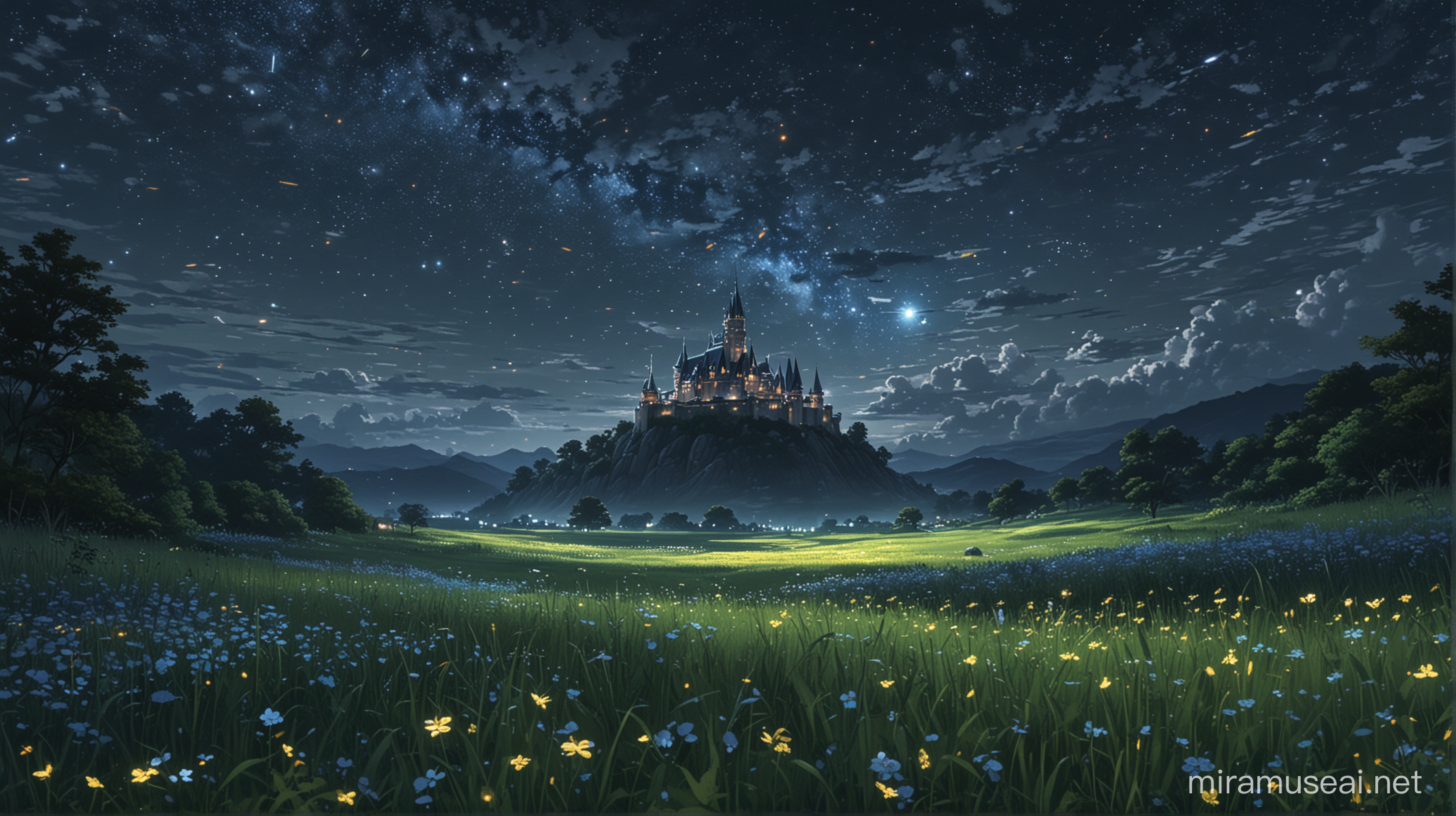 view from the grass of majestic castle and night dark sky and stars, dark night, light only from fireflies, vibrant of variant flowers meadow, fireflies fly on sky, ultra detailed, high resolution, best composition, illustration, acrylic palette knife, makoto shinkai style, Codex_401 style, mystical, Mystica_meta style, ghibli vibes, ultra detailed, render, stable diffusion, trending pixiv fanbox, --ar MJ V 6.0 , photo view from eye sight.