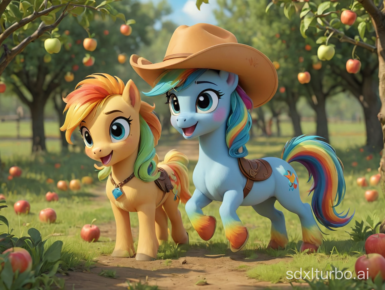 Apple Gar and Yunbo are characters in the animated Pony Polly.Applejack was an orange-bodied colt with golden hair and a cowboy hat on her head.Yunbo is a small pony with a sky blue body and rainbow hair.They were lovers, running in the apple orchard.