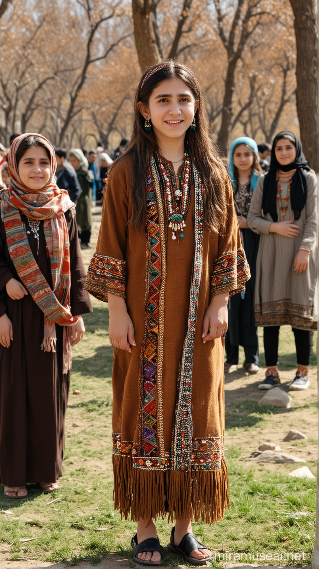 An Afghan-Tajik girl stand with Neanderthal women. They are at a park,
During spring and celebrating Naw Roz in March 20, 2024. (Persian feast).
