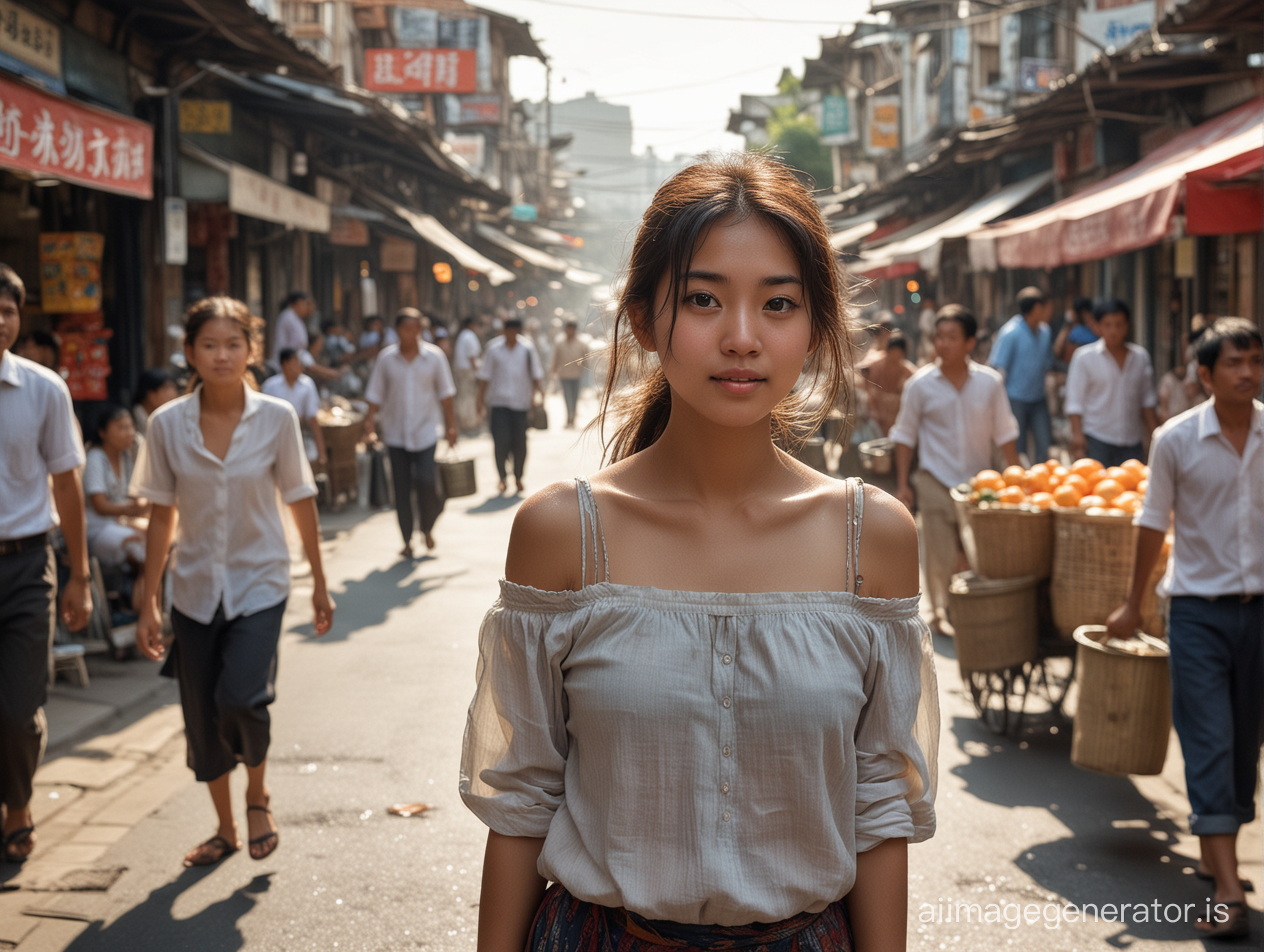 create a high res photo showing detailed skin texture based on:
The scene captures the bustling energy of an Asian market street. In the foreground, a young girl is depicted walking from left to right, carrying two buckets of water balanced on a yoke across her shoulders. She appears to be in her late teens or early twenties, her face glowing with sweat from the heat of the day. Despite the sweat, her flawless skin reflects the sunlight, giving it a uniform sheen that accentuates her features. Her attire consists of an old, worn-out off-shoulder blouse, revealing her shoulders and adding to the sense of heat and exhaustion. Her expression is one of determination, her big eyes and wide grin contrasting with the fatigue evident in her posture. Long lashes frame her eyes, drawing attention to their depth and intensity. Her hair is styled up, showcasing her neck and adding a touch of fashionable flair to her appearance, though it appears slightly disheveled from her exertion. In the background, the street is alive with activity, crowded with hawkers and shoppers, adding to the vibrant atmosphere of the market scene. Despite the challenges she faces, the girl's resilience and spirit shine through, embodying the hustle and bustle of life in the market.