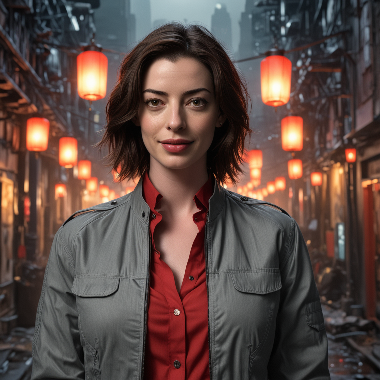 anne hathaway wearing red collarless shirt and a grey jacket surrounded by cyberpunk lanterns