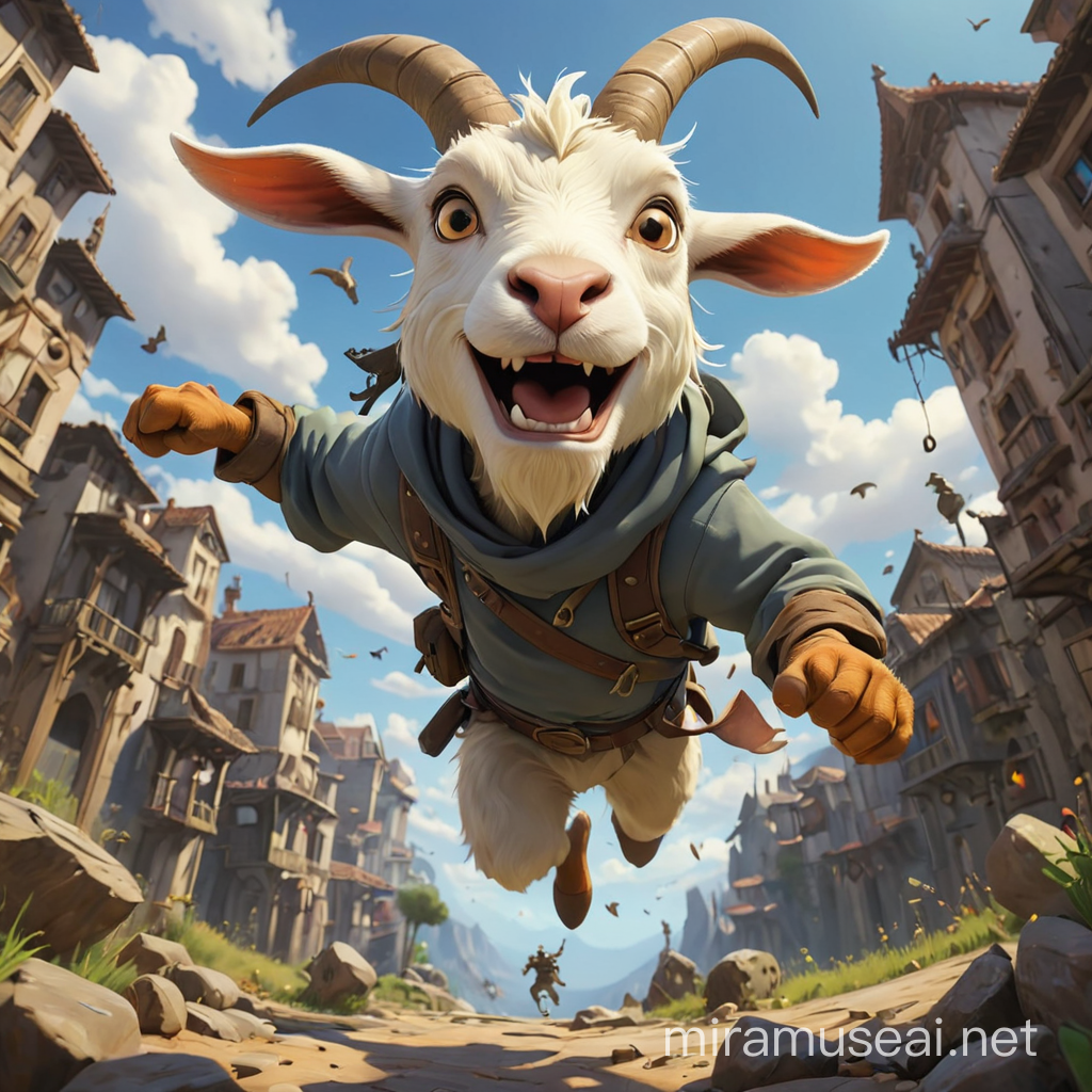Chaos, utopia, a live perspective with fisheye-like visuals. A character with a goat's head and an adventurer's body, leaping through the air, will be the dominant part of the image. The background will be chaos. Cartoon style