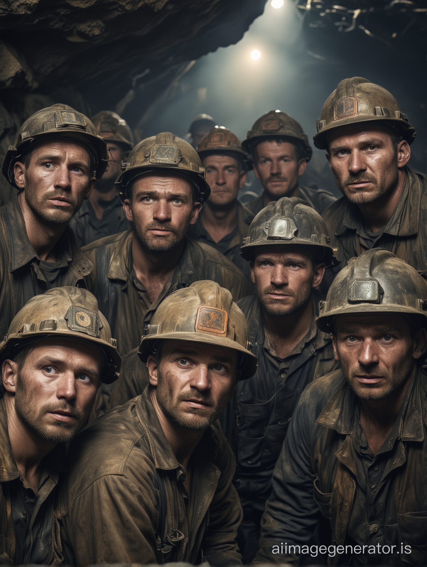 un groupe de mineurs polonais travaillant durement dans une mine souterraine, fatigue, visages sales
