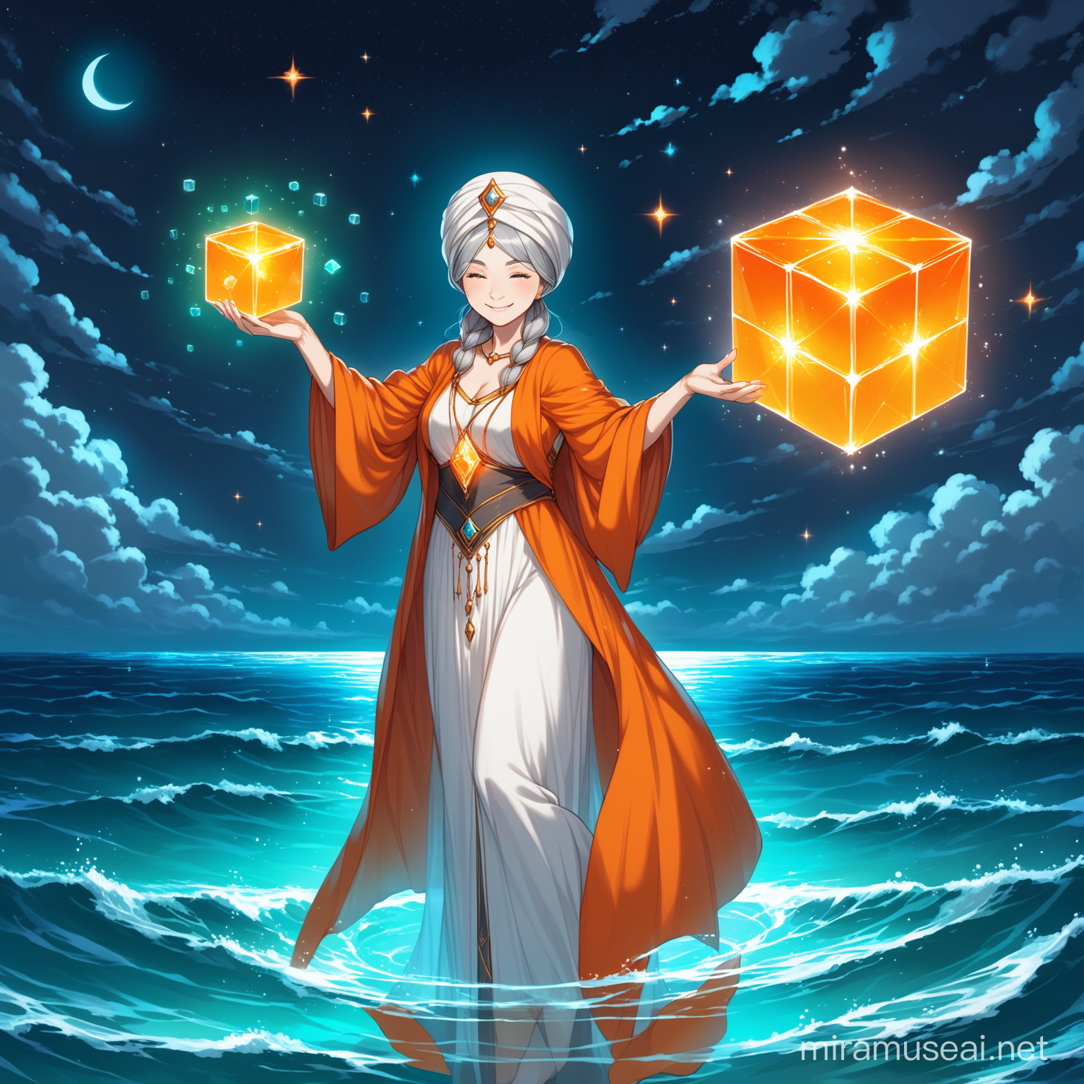 eine ältere Frau, eine magierin, trägt einen dünnen turban um den kopf, orangener Umhang, langes weißes kleid, zusammengeflochtene kurze graue Haare, lächelt selbstgefällig, schwebt auf einer transparenten platte, vor dem Meer, nacht, hält einen magischen orangenen interdimensionalen würfel in der hand 