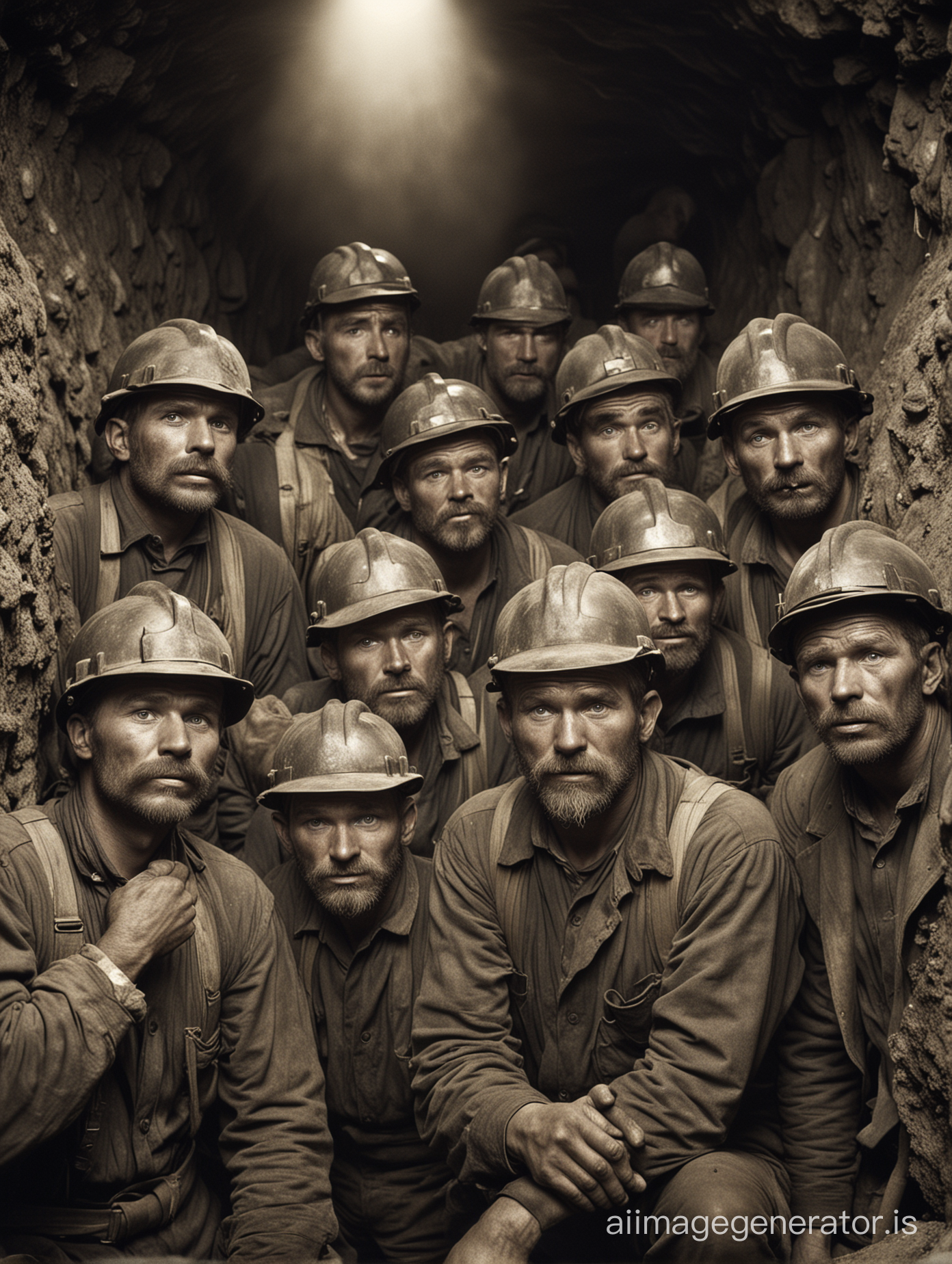 un groupe de mineurs polonais travaillant durement dans une mine souterraine, fatigue, visages sales en 1890