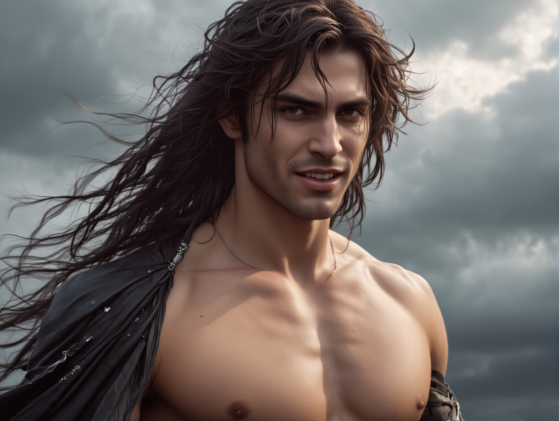 half naked warrior-vampire from the near future, his hair blowing in the wind and comforting smile with hand raised towards you