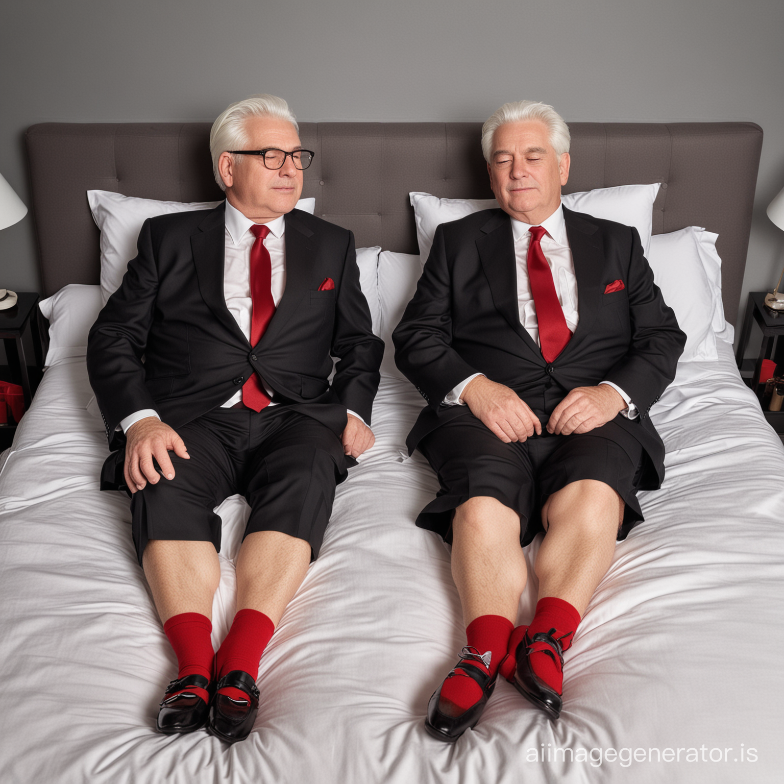 2 elderly fat senior businessmen, white hair, totally naked, only wearing scarlet socks and black dress loafers, laying on a bed, close eyes, full body shot