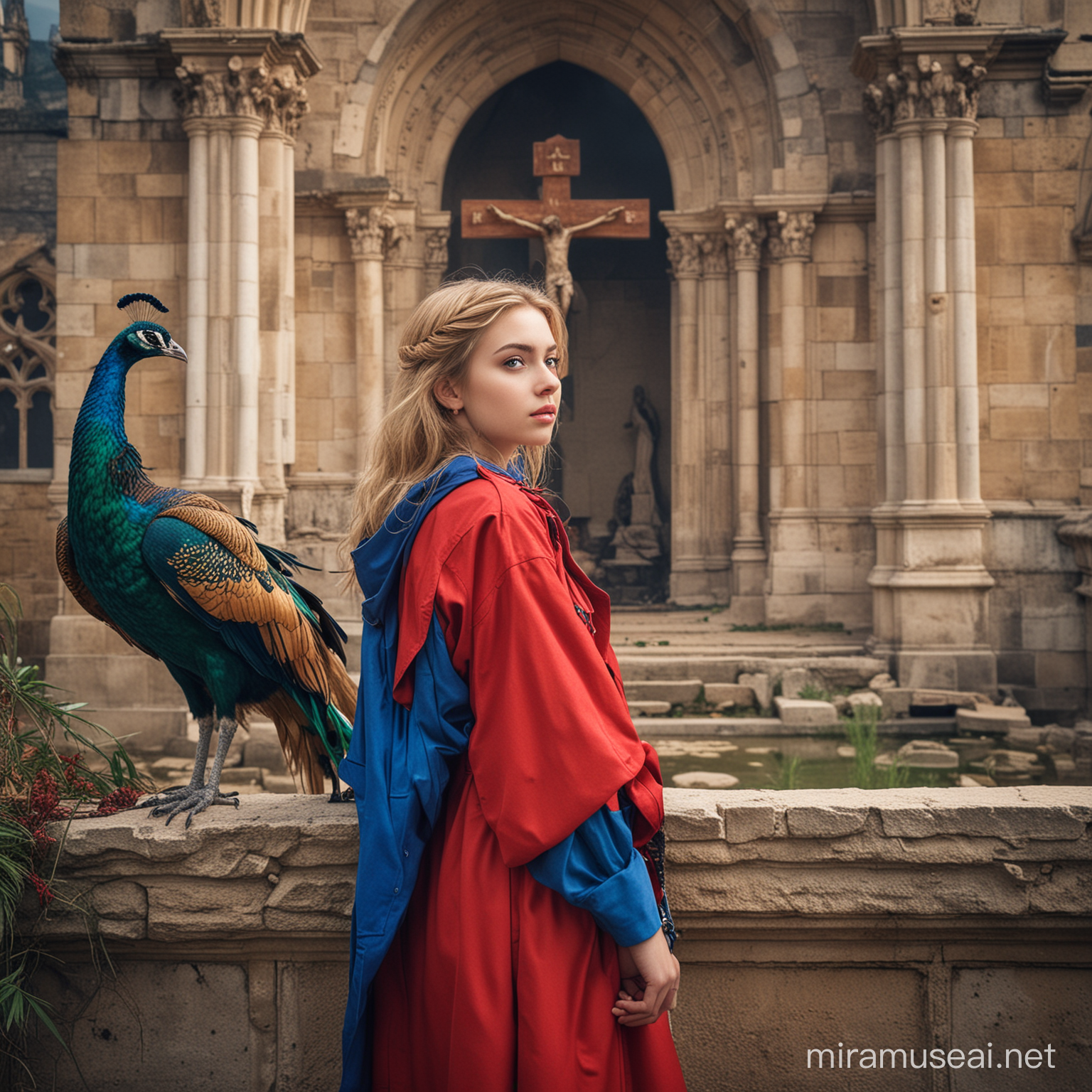 Commanding Teenage Goddess with Peacock and Worshipers at BloodBathed Church