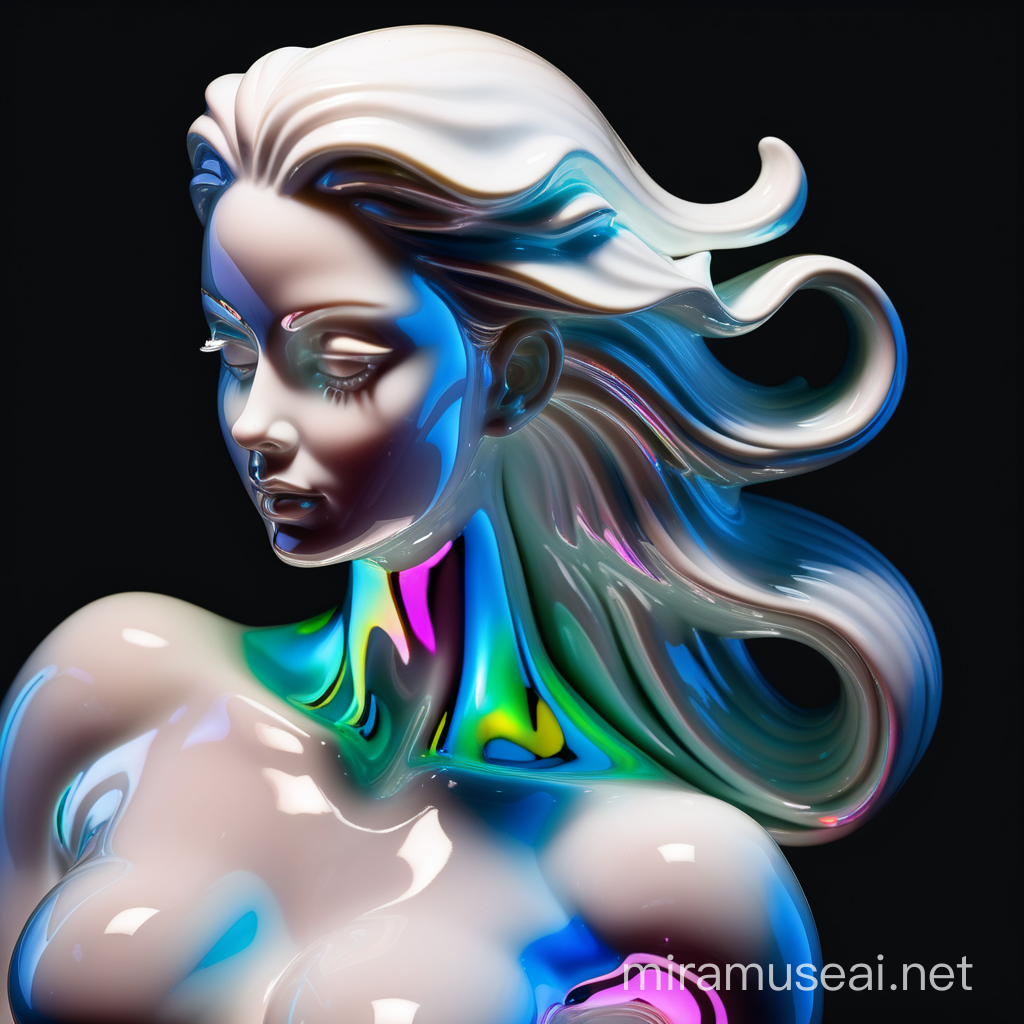 Dynamic Portrait of Curvy Neon Porcelain Woman on Black Background
