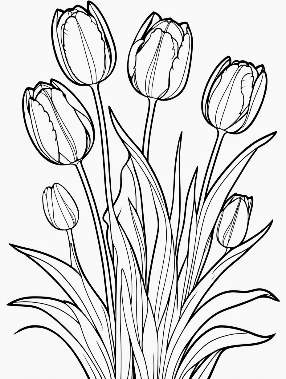 Black and white tulips flowers coloring page, cartoon style, thin lines, few details, no background, no shadows, no greys