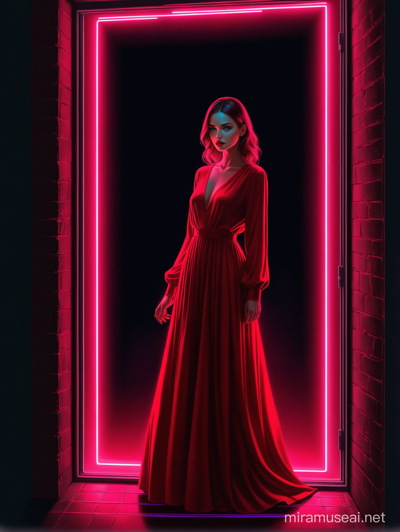 Aivision,neon colors, full body of beautiful young women, prety eyes, full red lips, she is wearing long  dress  With long sleeves, she looks out the window anxiously , dark environment(neon lighting from outside) , image realistic , Extremely detailed , intricate , beautiful , fantastic view , elegant , crispy quality Federico Bebber's expressive