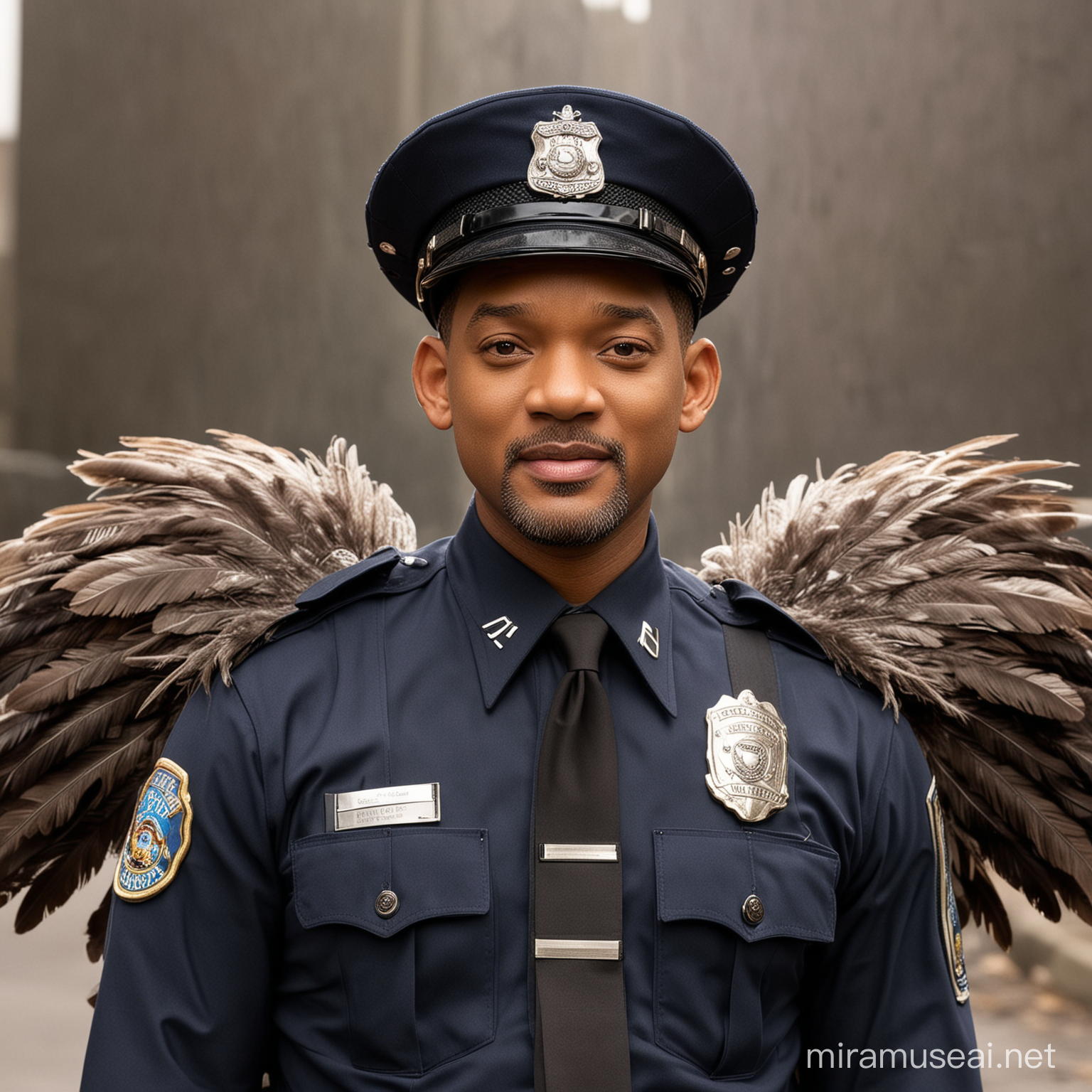 Will Smith dressed as a police officer, he has large feathers extending up from his back side