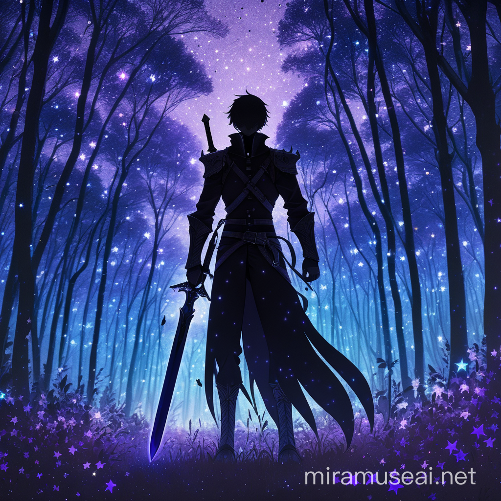simple shadowy figure, male, holding black sword, standing in a violet forest, blue stars,  anime style