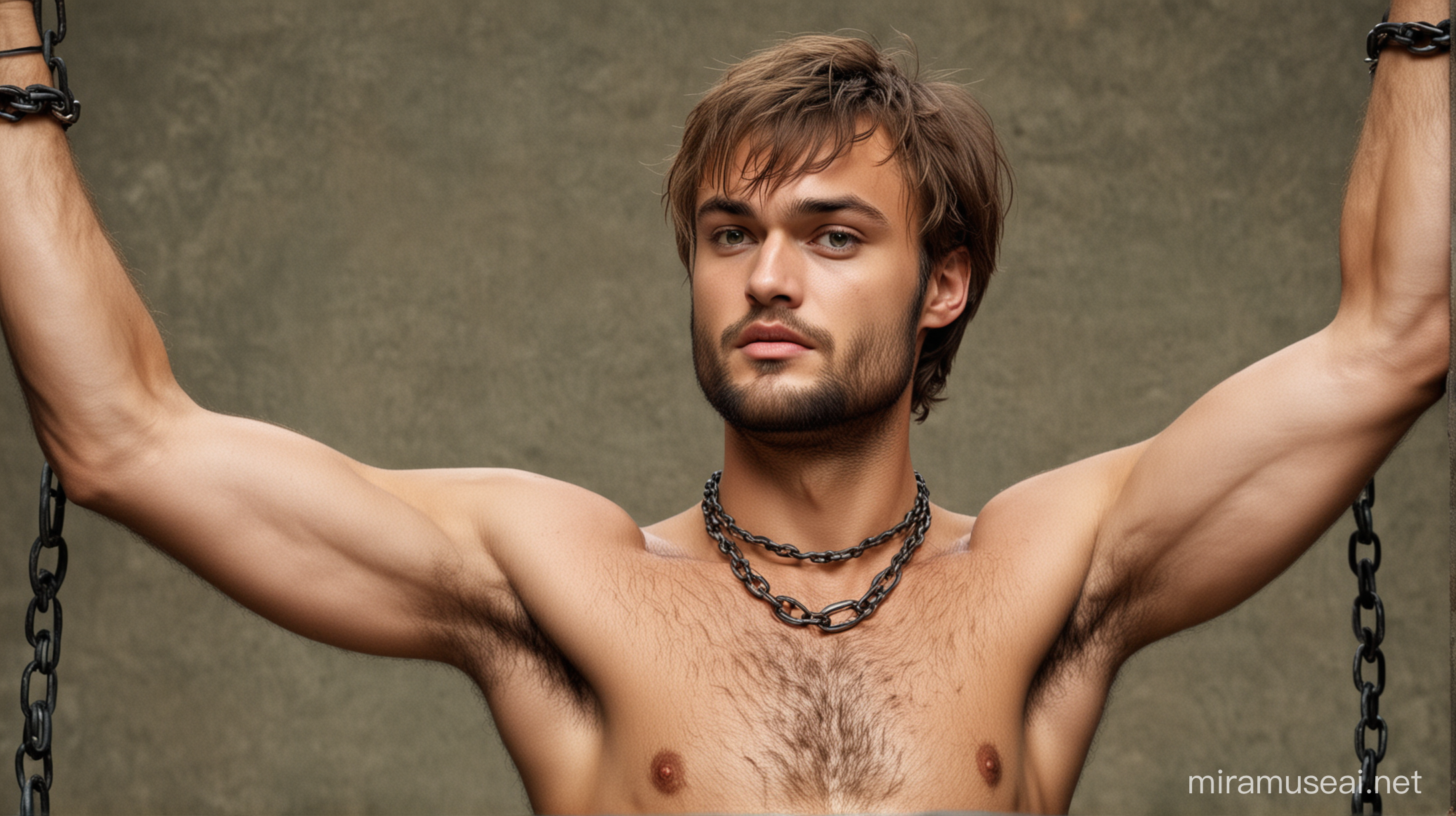 Actor Douglas Booth, very hairy,  with a lot of beard and a very hairy body. Booth, slave, wrists tied with chains, raising and stretching his arms, showing very hairy armpits, green eyes, no shirt, very hairy chest like in the past, short hair, serious expression, unshaven, body and chest very hairy.