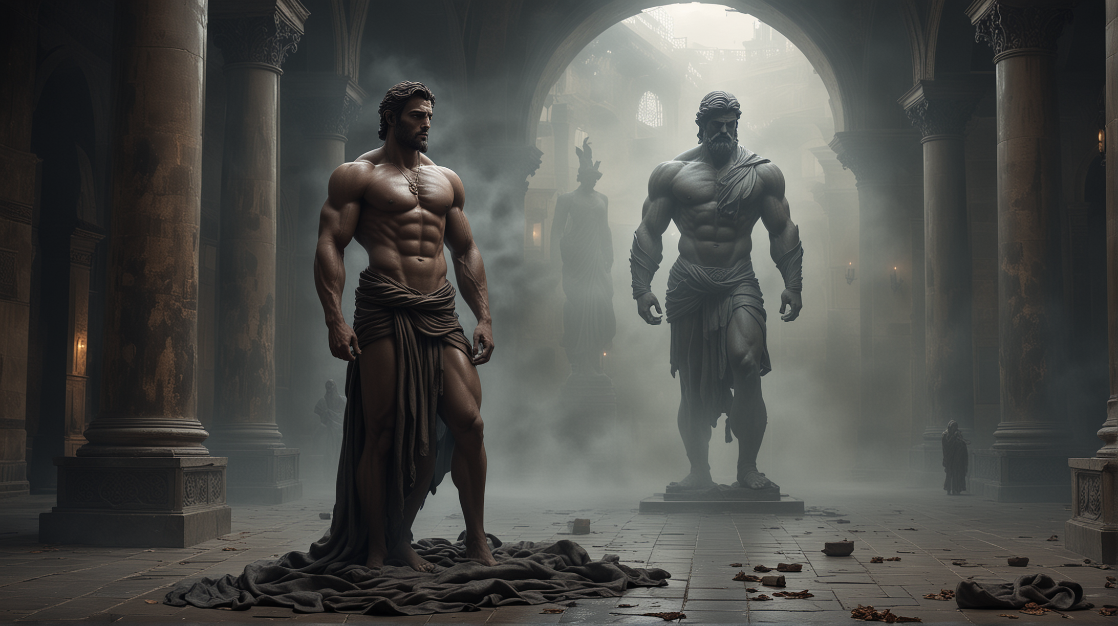 Create an atmospheric digital painting depicting a full body  giant statue of a muscular man with clothes on outside a dark palace setting, The background should be enveloped in shadows, with a mysterious fog swirling around the statue, Capture the essence of ancient wisdom and stoicism in the dimly lit ambiance, bringing out the details of the statue while maintaining an overall dark and haunting tone