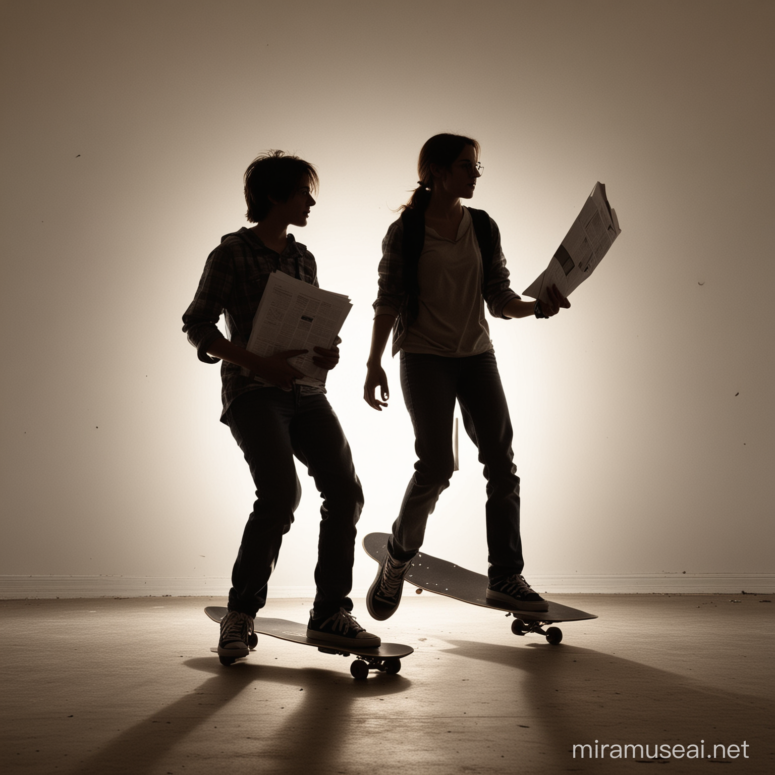 a high school freshman boy is in silhouette riding his skateboard.

 A middle aged woman is trying to catch him

 She is holding a folder.  some of the papers are falling out of the folder. 