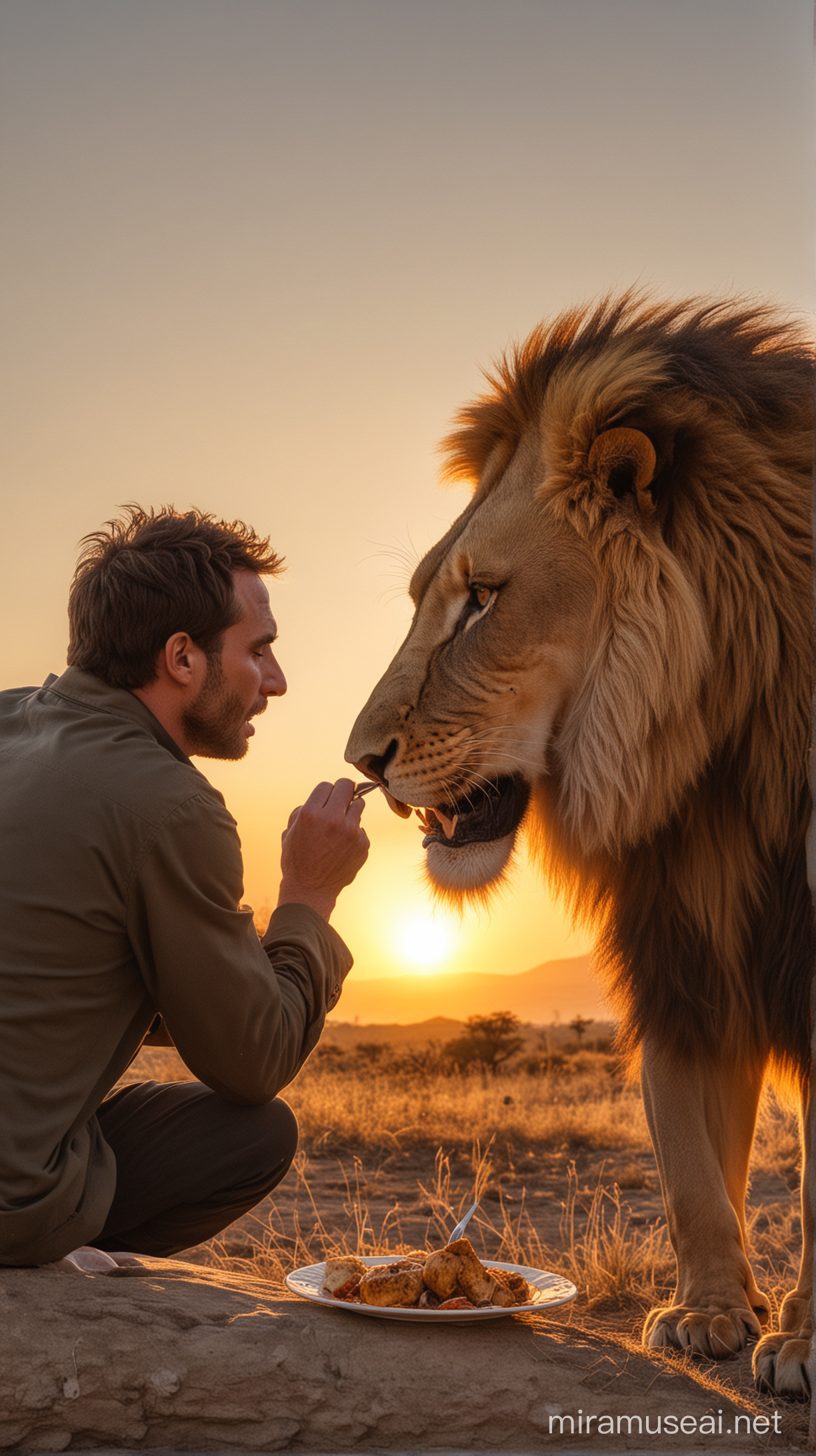 Man Eating Lion at Sunset