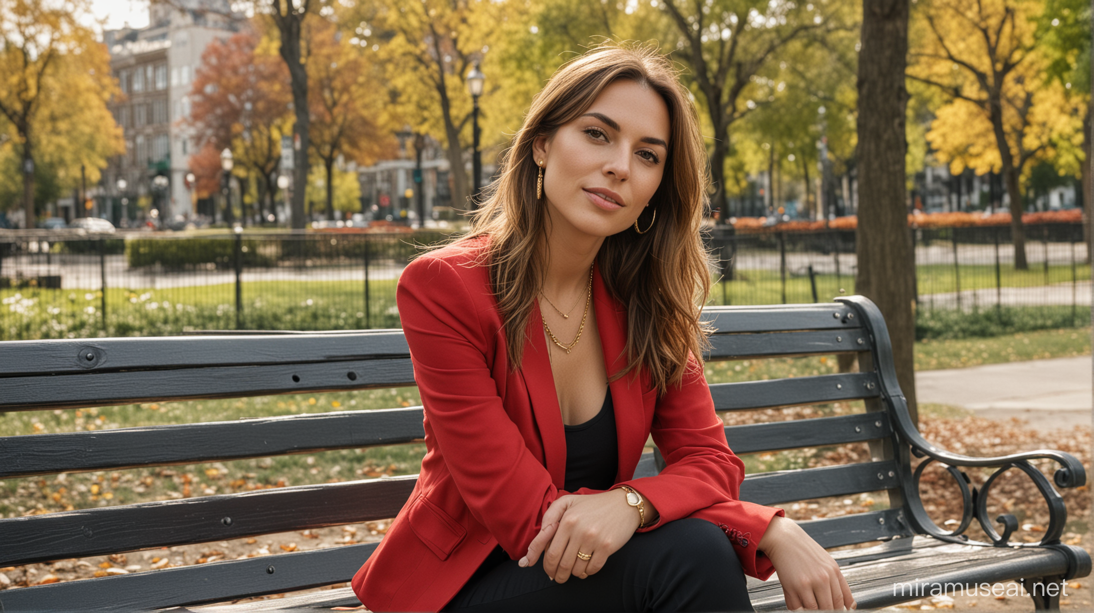 30 year old white woman sitting on a park bench in an urban park closeup. She has long brown hair parted to the right. She is wearing a red blazer, gold necklace with very low cut black shirt and black pants.
