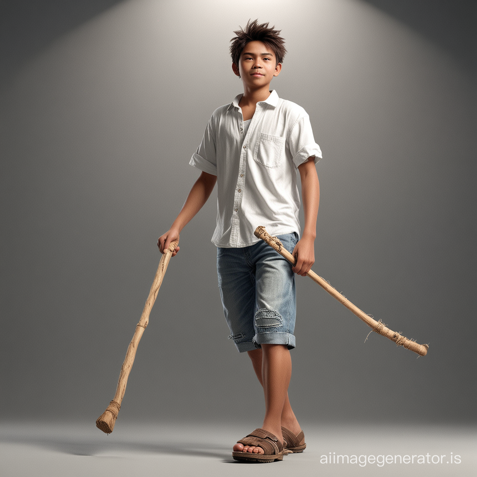 3D model of a indonesia teen male, 15 years old, with messy hair, wearing an open white short-sleeved shirt, jeans, and wooden clogs. His hands is carrying a long stick, Studio lights. Dynamic action pose, 16k, ultra realistic, rainforest background 