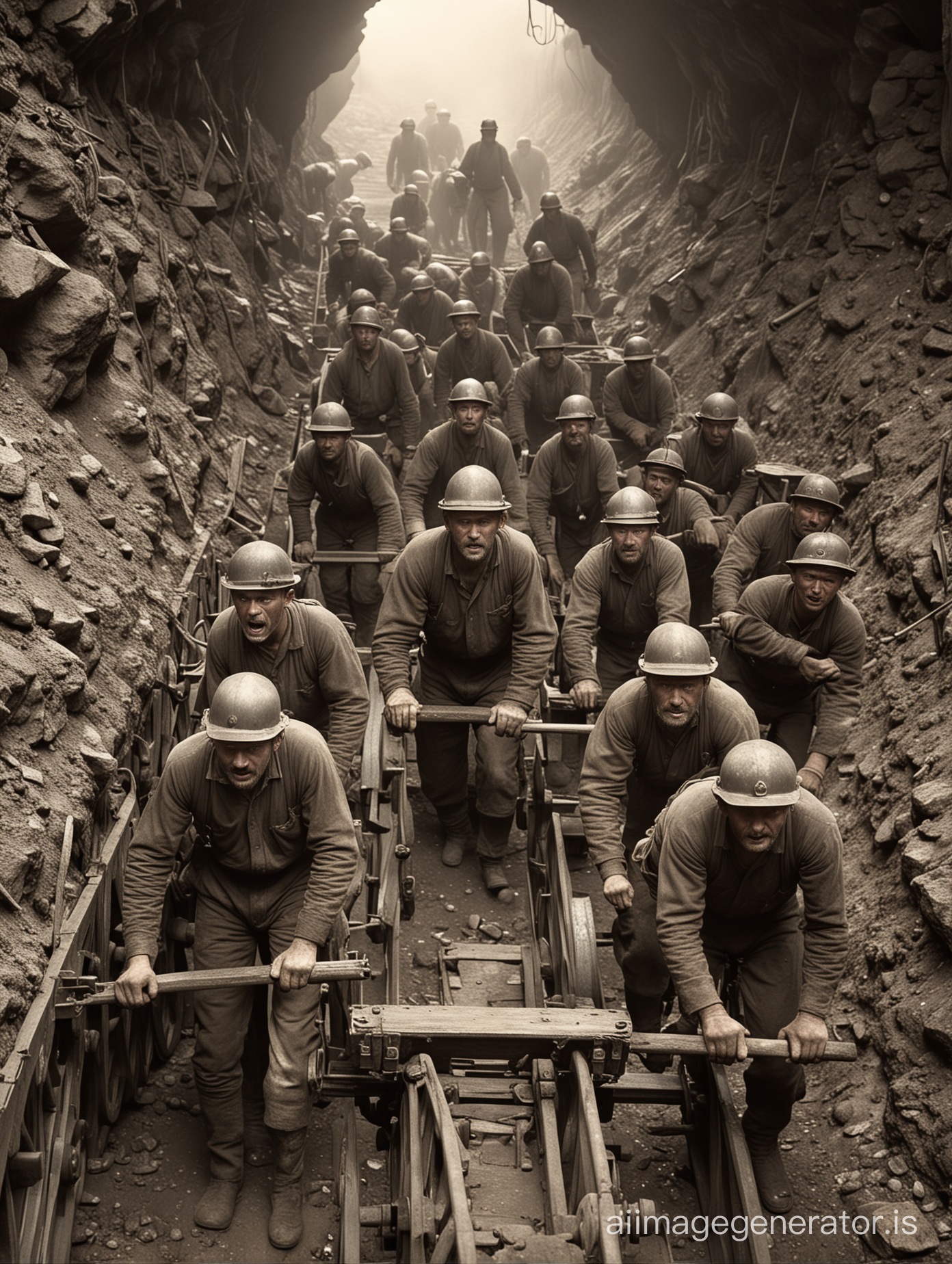 une scène du travail pénible dans une mine, un groupe de mineurs polonais sortant des wagonnets de la mine, fatigue, visages sales en 1890, poussant des wagonnets 