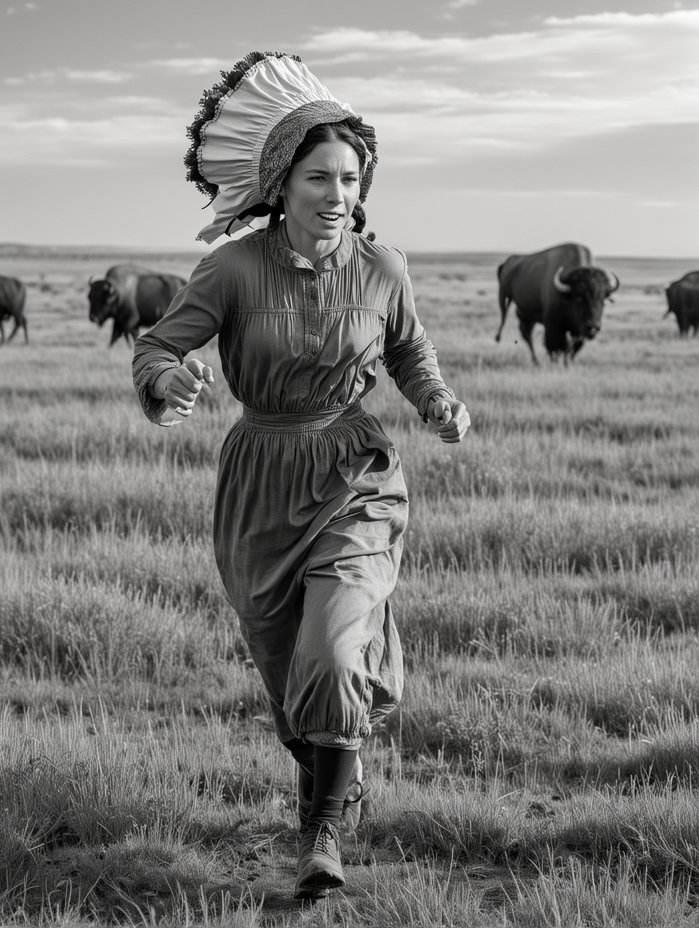 Pioneer Woman Running Across Prairie with Buffalo in Black and White