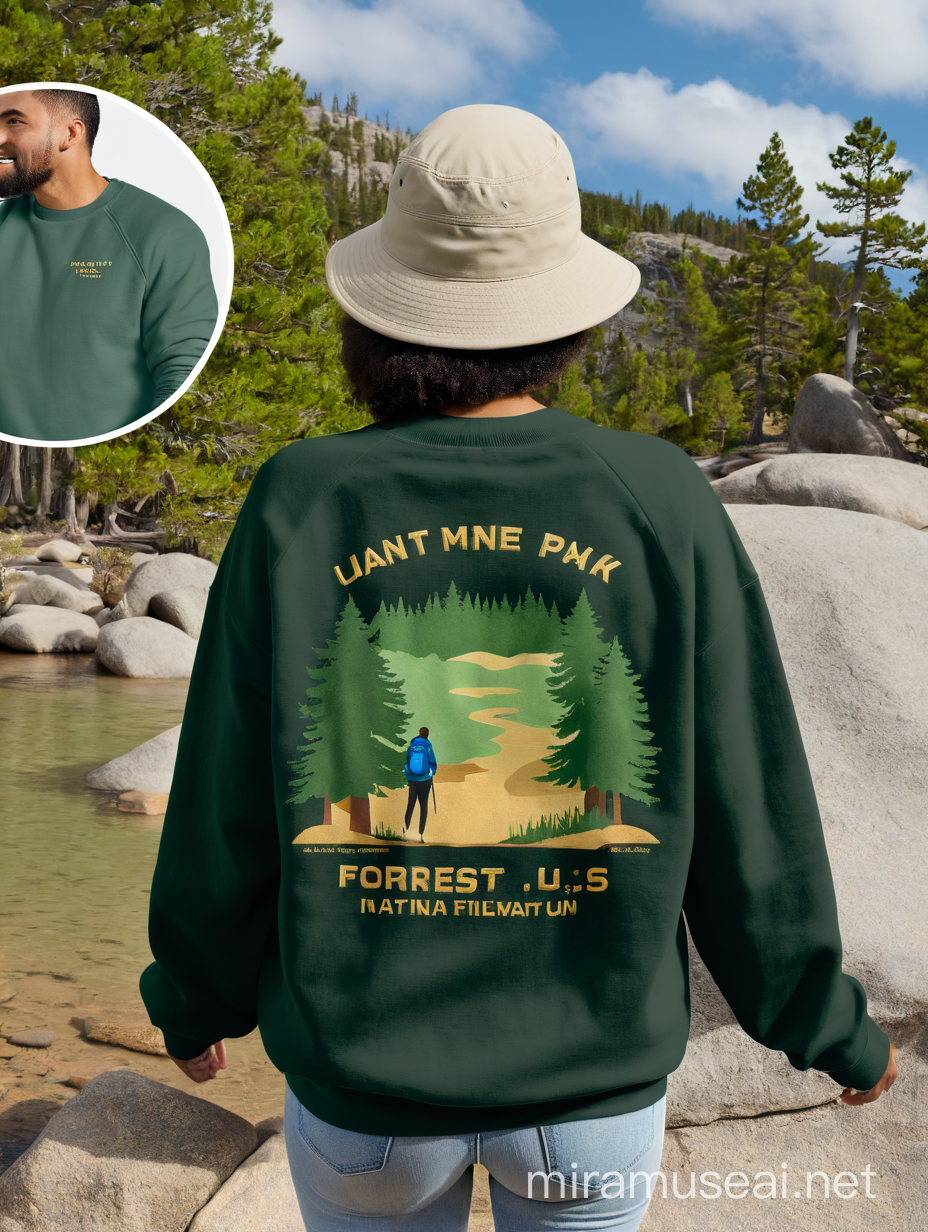 Back of a model in a national US park wearing a Gildan 1800 Forest Green colored crewneck sweatshirt