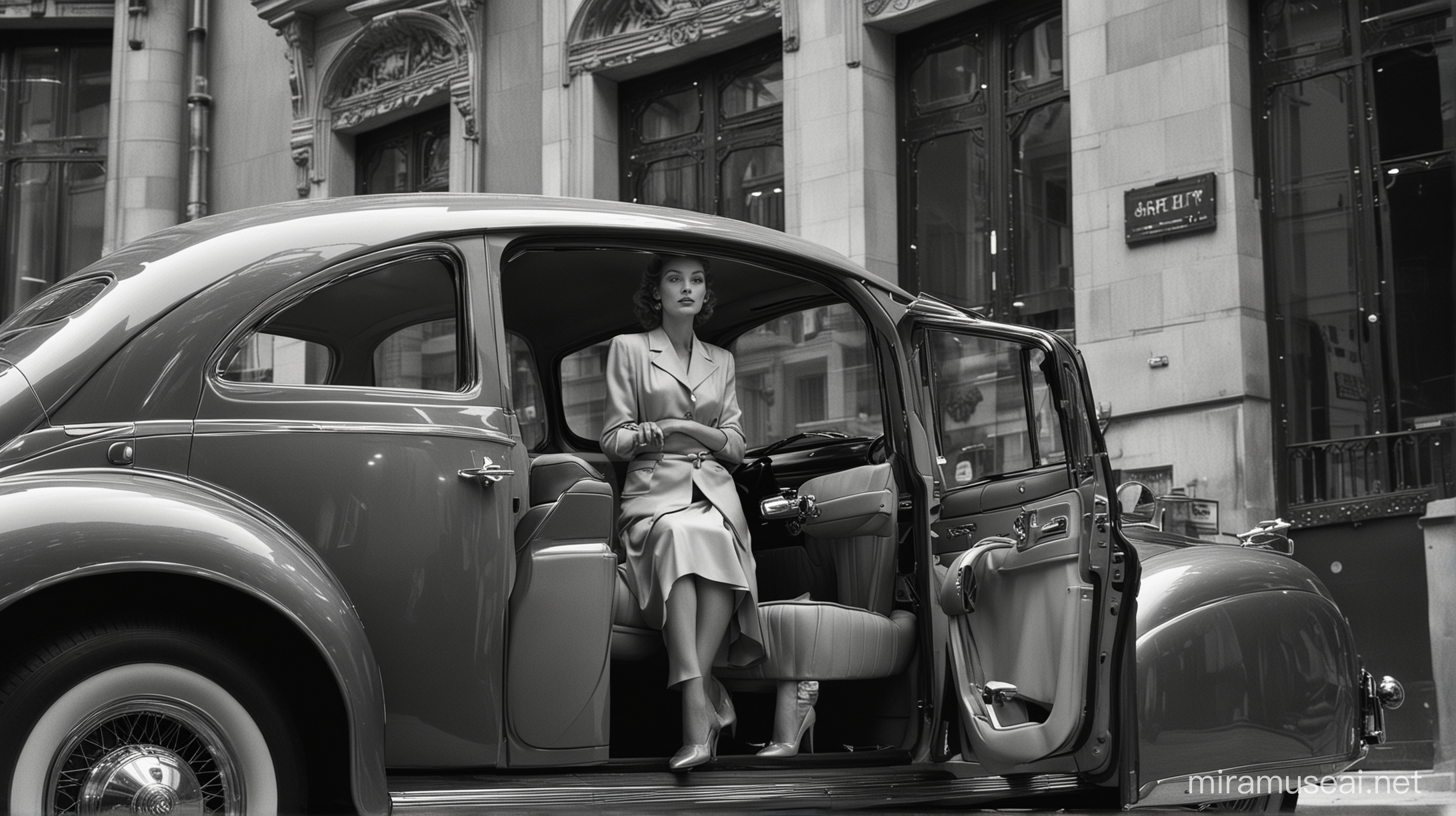 dans une vision proche du sol en contre plongée, en en vue grand angulaire dans le style de jeanloup sieff, une femme de luxe assise à l'arrière d'une voiture de luxe ,se fait ouvrir la porte par son major d'homme.....dans une époque des années 1940 et une vision rétro futuriste ultra colorée