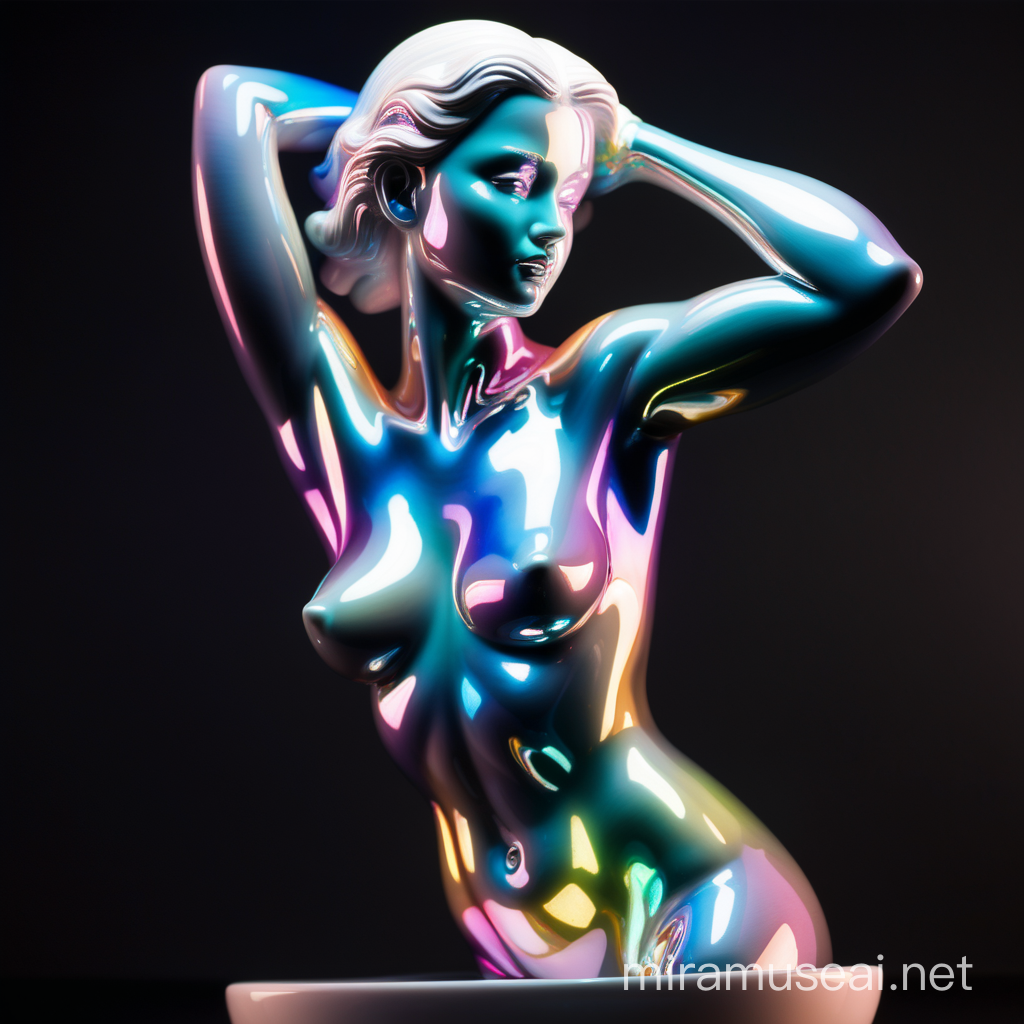 Dynamic Portrait of Shiny NeonColored Porcelain Woman on Black Background