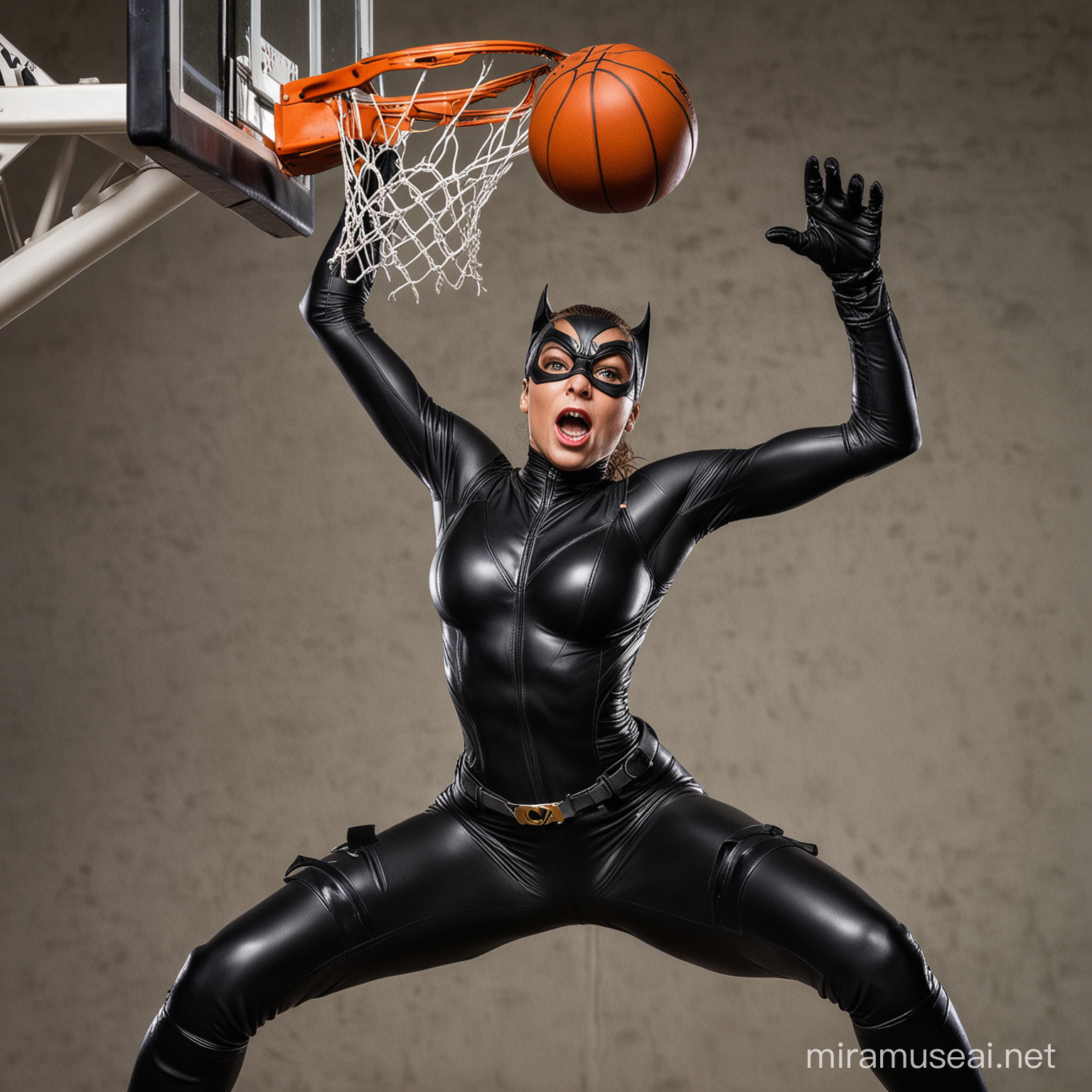Catwoman slam dunking a basketball