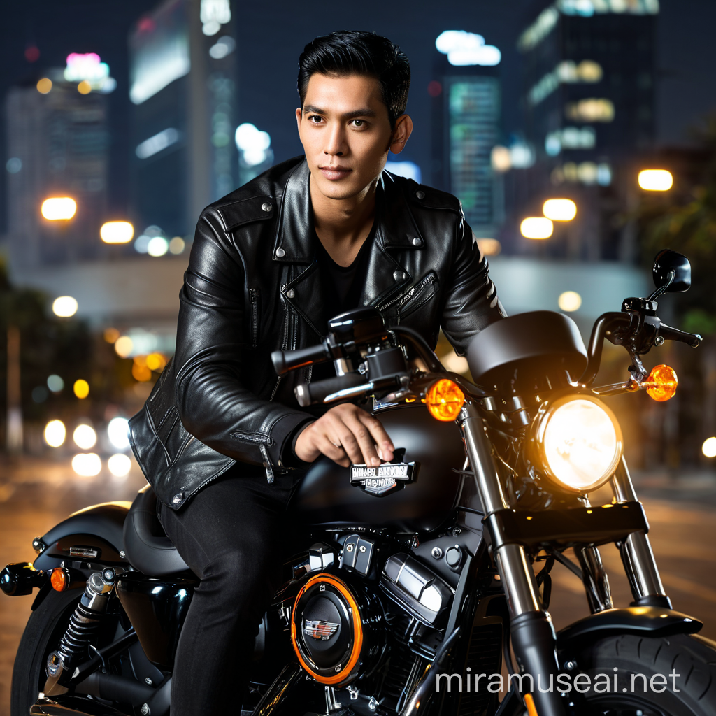 Realistic photo of a handsome Indonesian with neat short hair in the middle riding a Harley-Davidson® Sportster® S Bright Billiard motorcycle. Wearing a black leather jacket, it adds to the urban and modern aesthetics of the landscape. The bright black color of the motorcycle stands out against a dark background. Ambient city lights illuminate the surroundings, creating a contrast of light and shadow, 800mm lens, realistic, hyperrealistic, photography,professional photography