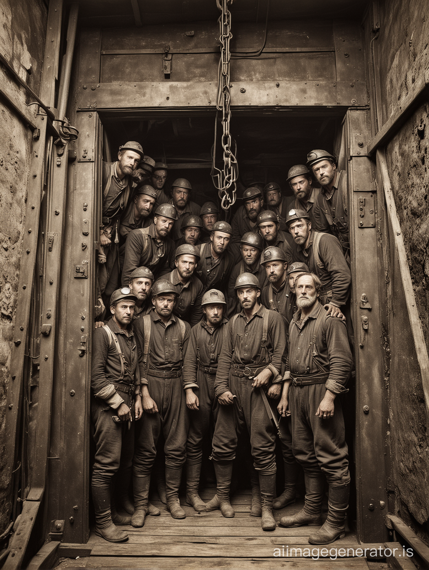 un groupe de mineurs polonais dans un ascenseur d'une mine en 1850