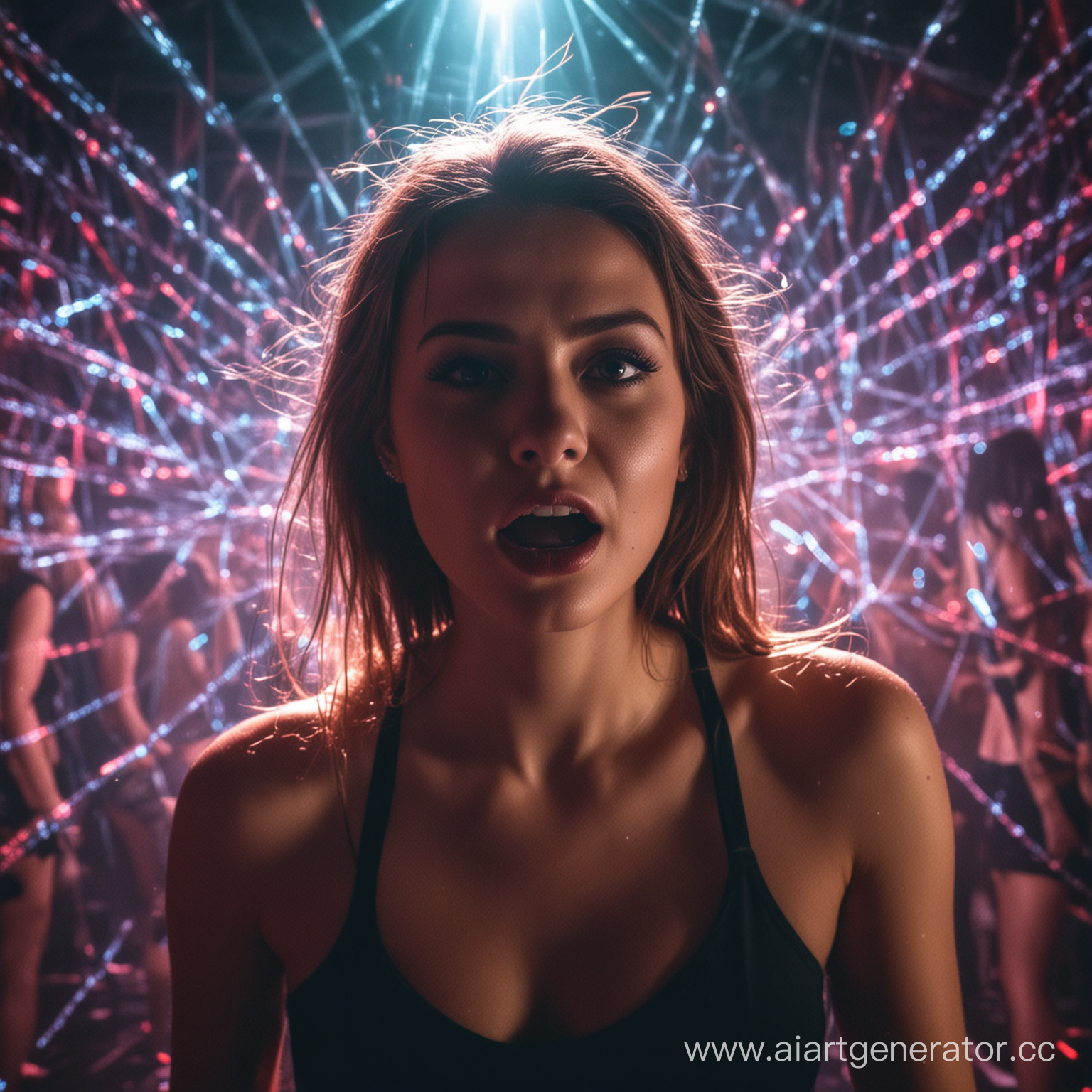 Девушка сходит с ума в тёмном клубе с яркими лазерами