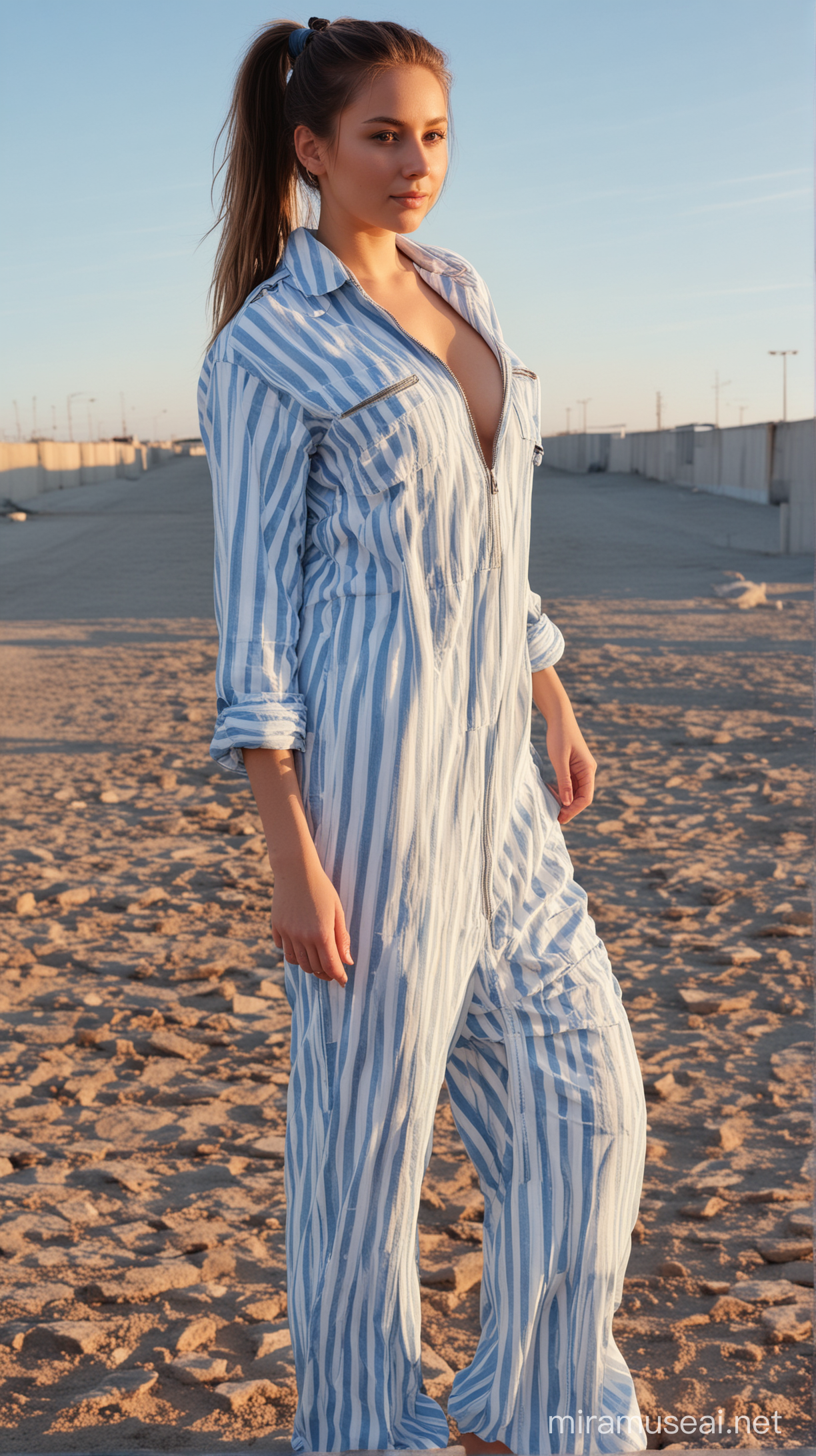 Young busty female prisoner in the prison jumpsuit watching sun set. European, shy smile, barefoot, hair in a ponytail, partly visible naked breasts. (Jumpsuit: with wide white and pastel blue vertical stripes, made of crumpled fabric in outdoor fashion style with many zippers and pockets, with long sleeves and a very long central zipper). Fully naked under the jumpsuit. 