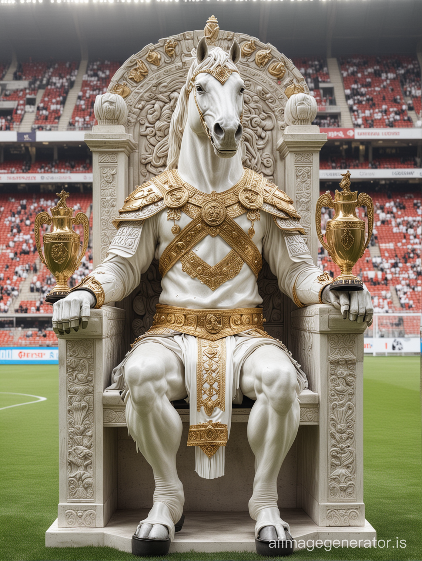 Warrior king with horse head (white colour) seating to throne holding trophies at the middle of a soccer stadium
