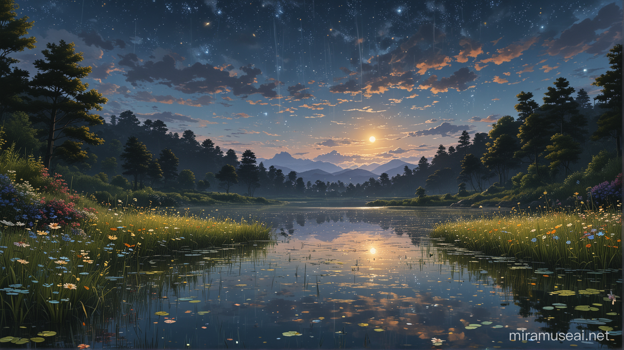 view from the water of majestic lake and night dark sky and stars, dark night, light only from fireflies, vibrant of variant flowers meadow, fireflies fly on sky, one ripple in the water, fish swimming under the surface of the water, ultra detailed, high resolution, best composition, illustration, acrylic palette knife, makoto shinkai style, Codex_401 style, mystical, Mystica_meta style, ghibli vibes, ultra detailed, render, stable diffusion, trending pixiv fanbox, --ar MJ V 6.0 , photo view from eye sight.