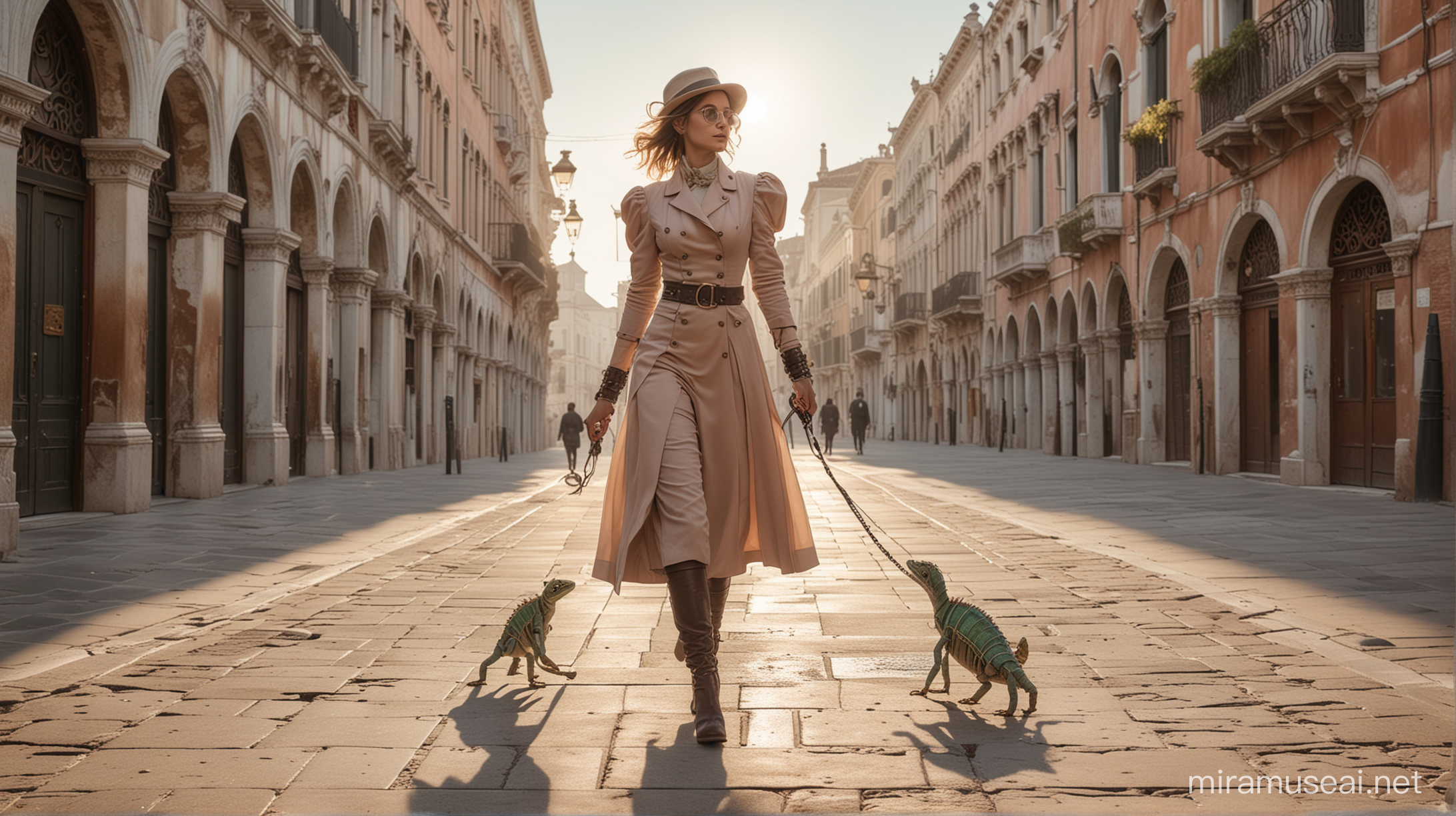 Steampunk Luxury Woman Walking Chameleons on Leash in Venice