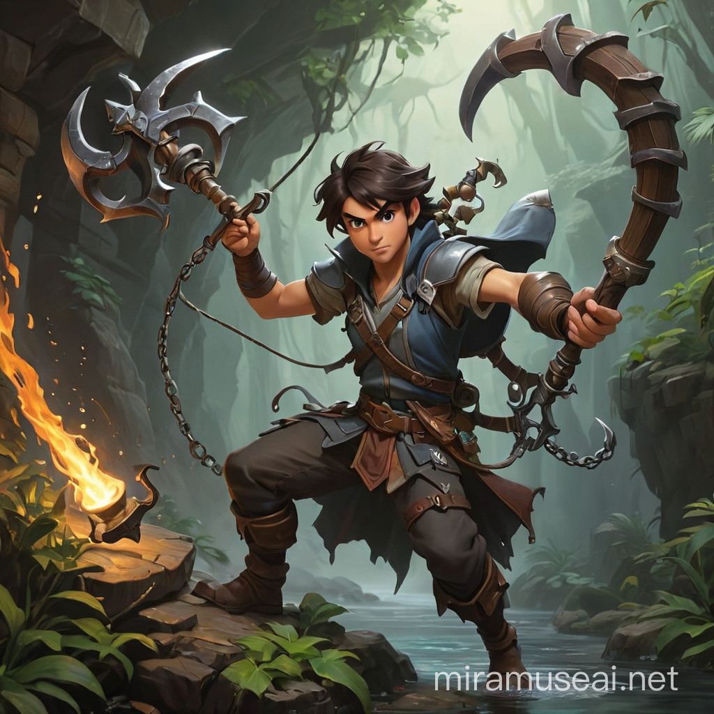 Fantasy Adventurer with Grappling Hook in Dungeon Setting